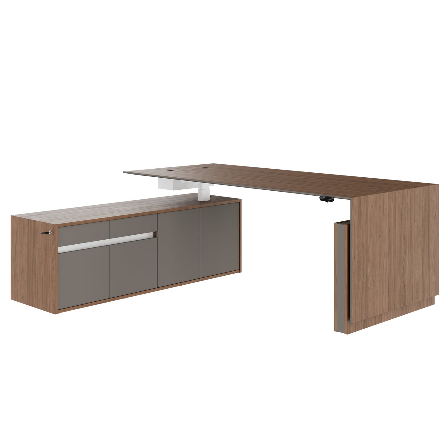 MOTION 2-Motoren-Schreibtisch mit Sideboard | Elektrisch höhenverstellbar, 2000 x 1800 mm, Nussbaum Furnier