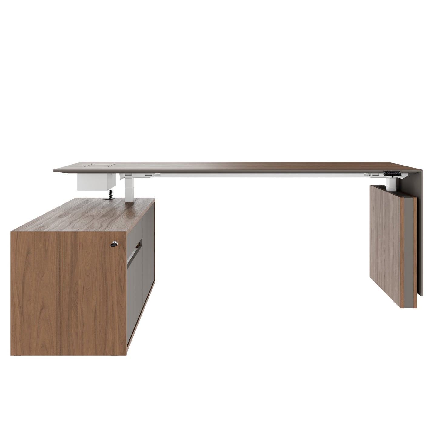 MOTION 2-Motoren-Schreibtisch mit Sideboard | Elektrisch höhenverstellbar, 2000 x 1800 mm, Nussbaum Furnier