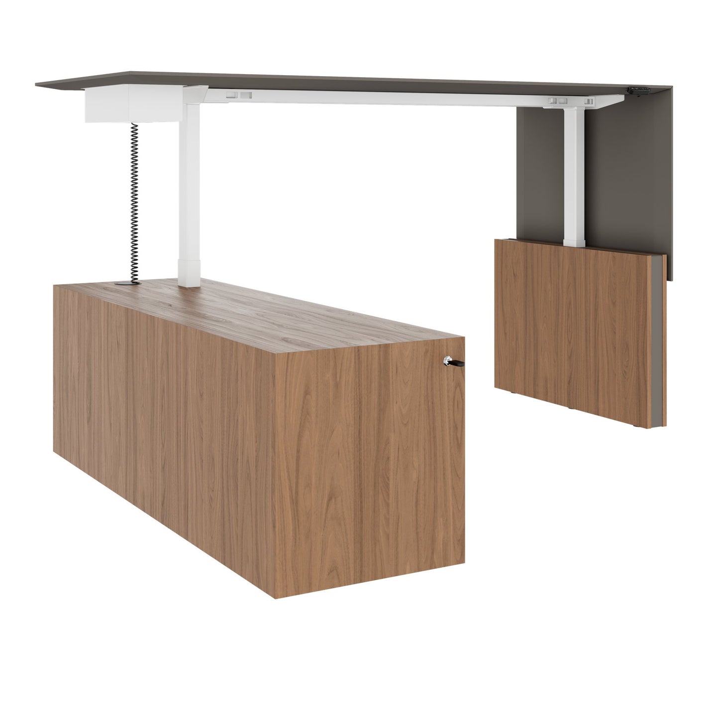 MOTION 2-Motoren-Schreibtisch mit Sideboard | Elektrisch höhenverstellbar, 2000 x 1800 mm, Nussbaum Furnier