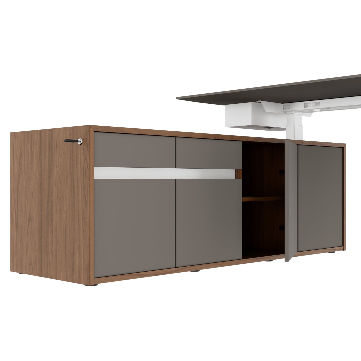 MOTION 2-Motoren-Schreibtisch mit Sideboard | Elektrisch höhenverstellbar, 2000 x 1800 mm, Nussbaum Furnier