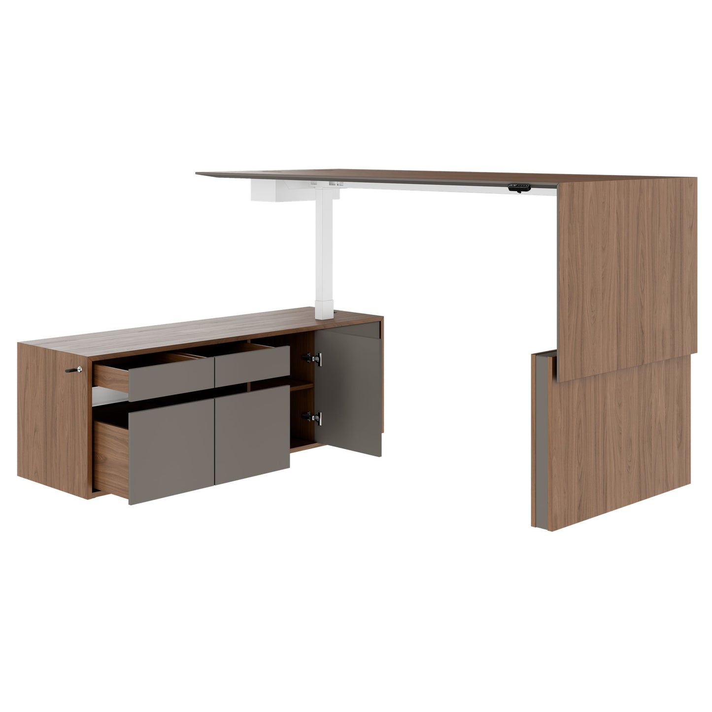 MOTION 2-Motoren-Schreibtisch mit Sideboard | Elektrisch höhenverstellbar, 2000 x 1800 mm, Nussbaum Furnier
