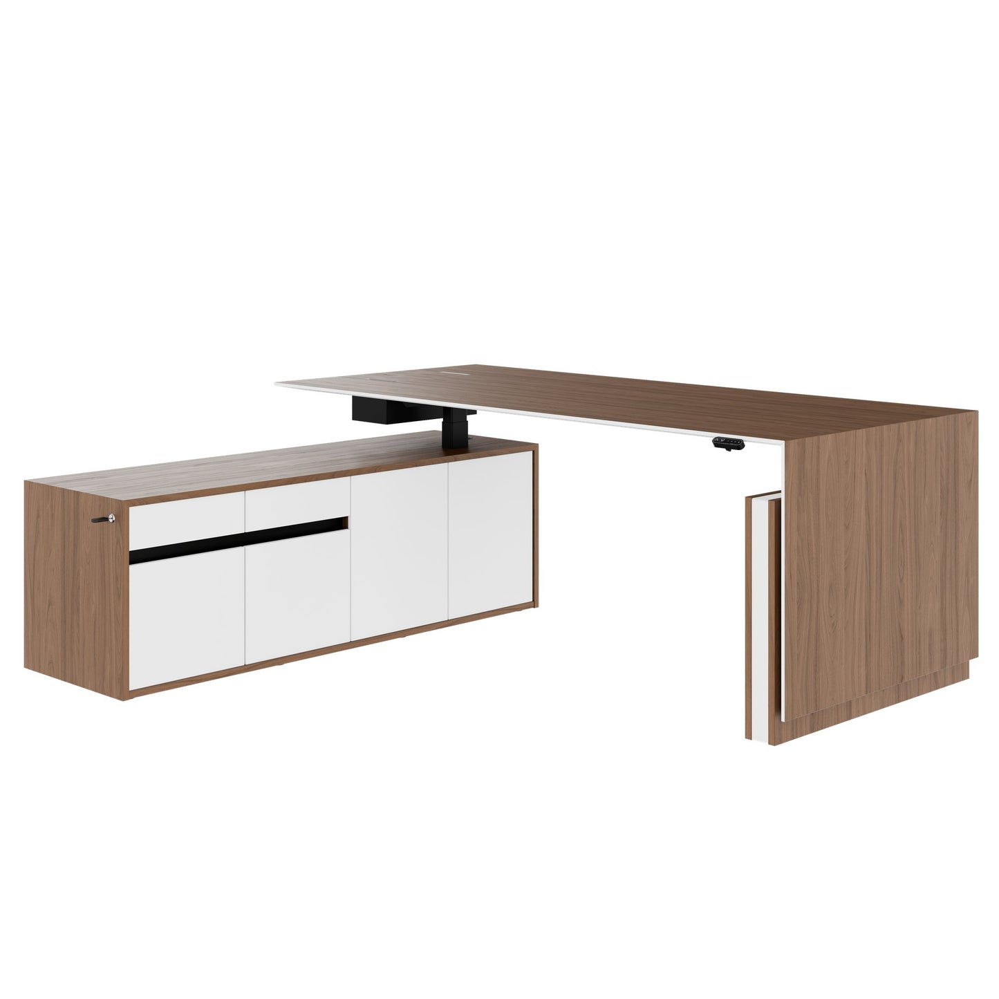 MOTION 2-Motoren-Schreibtisch mit Sideboard | Elektrisch höhenverstellbar, 2000 x 1800 mm, Nussbaum Furnier