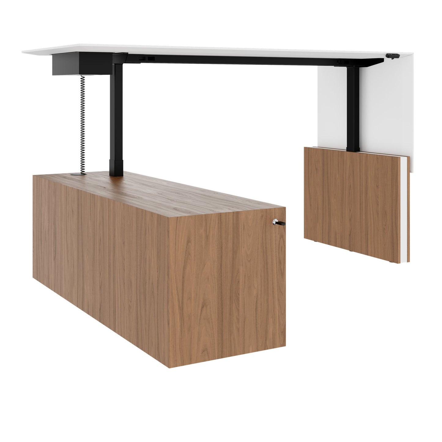 MOTION 2-Motoren-Schreibtisch mit Sideboard | Elektrisch höhenverstellbar, 2000 x 1800 mm, Nussbaum Furnier