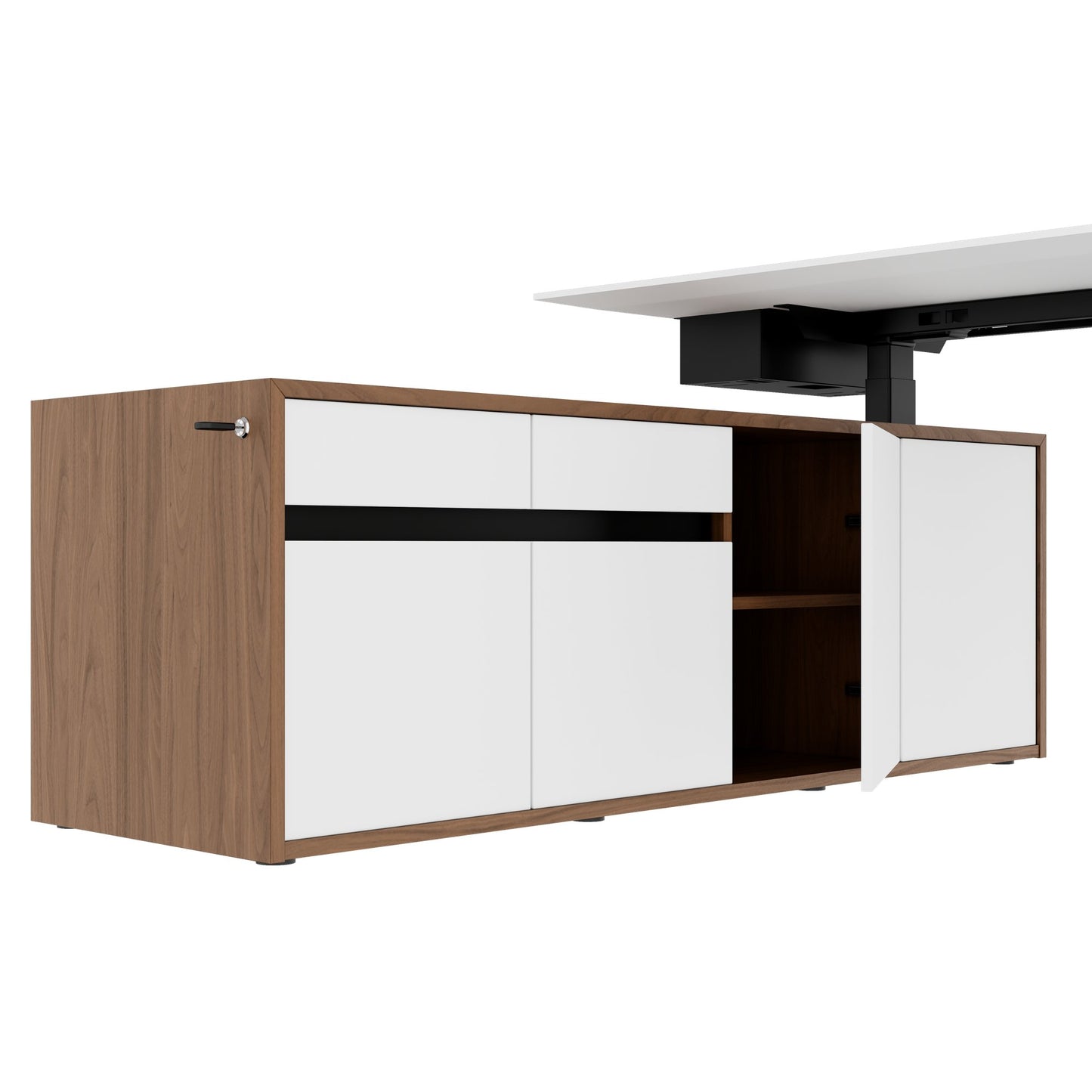 MOTION 2-Motoren-Schreibtisch mit Sideboard | Elektrisch höhenverstellbar, 2000 x 1800 mm, Nussbaum Furnier