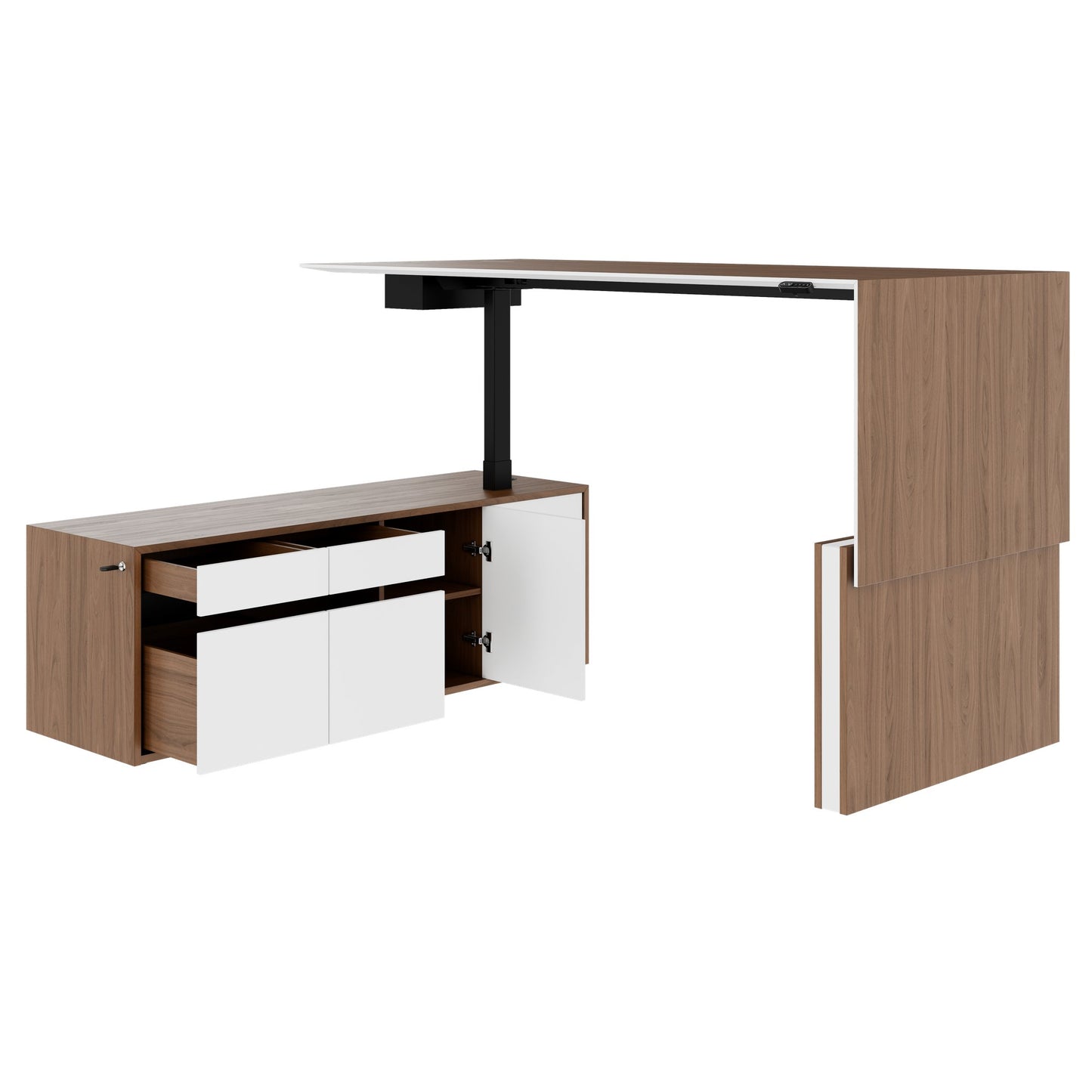 MOTION 2-Motoren-Schreibtisch mit Sideboard | Elektrisch höhenverstellbar, 2000 x 1800 mm, Nussbaum Furnier
