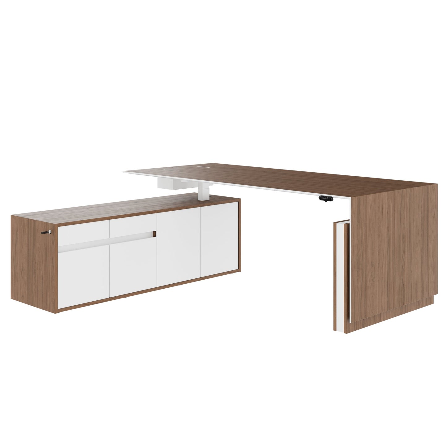 MOTION 2-Motoren-Schreibtisch mit Sideboard | Elektrisch höhenverstellbar, 2000 x 1800 mm, Nussbaum Furnier
