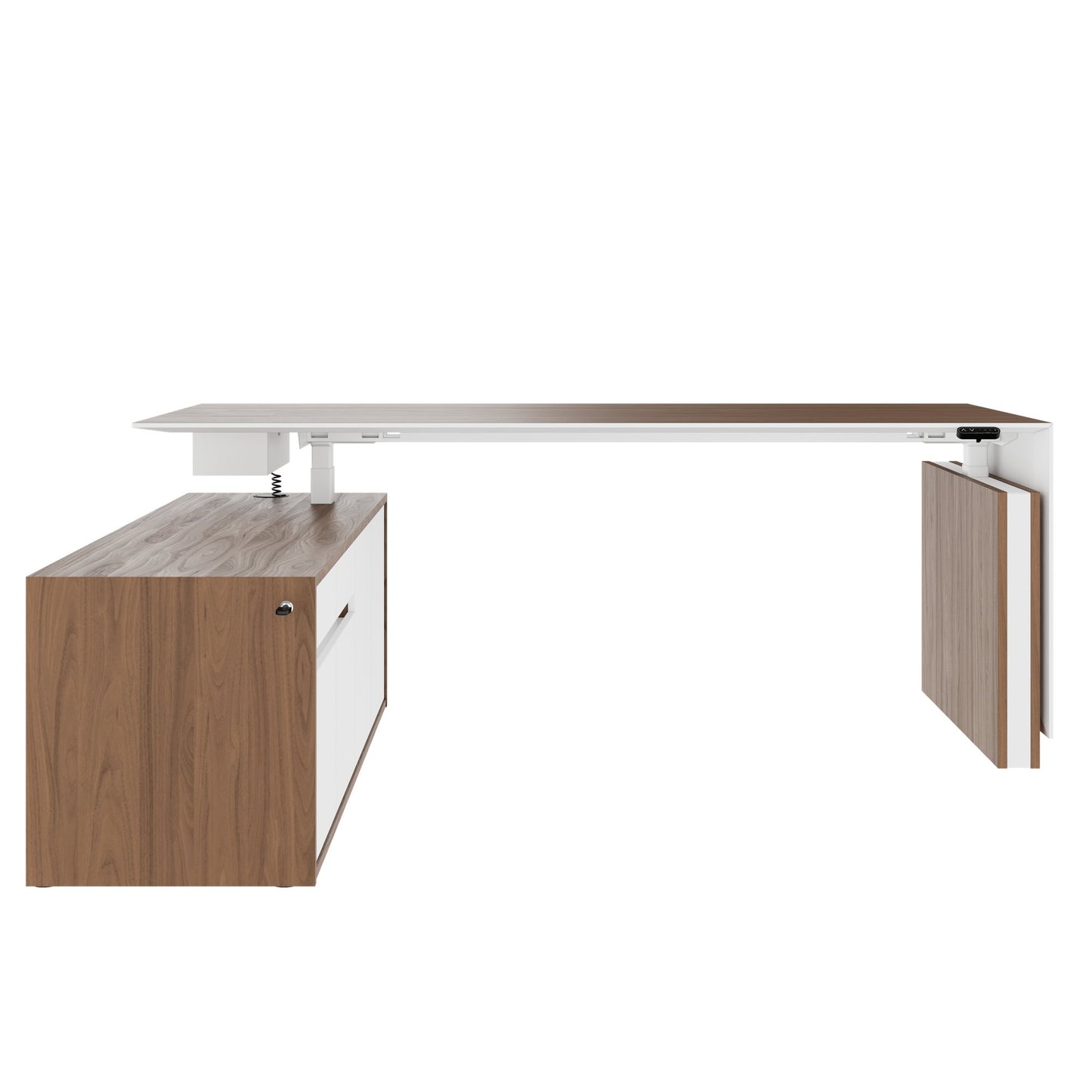 MOTION 2-Motoren-Schreibtisch mit Sideboard | Elektrisch höhenverstellbar, 2000 x 1800 mm, Nussbaum Furnier