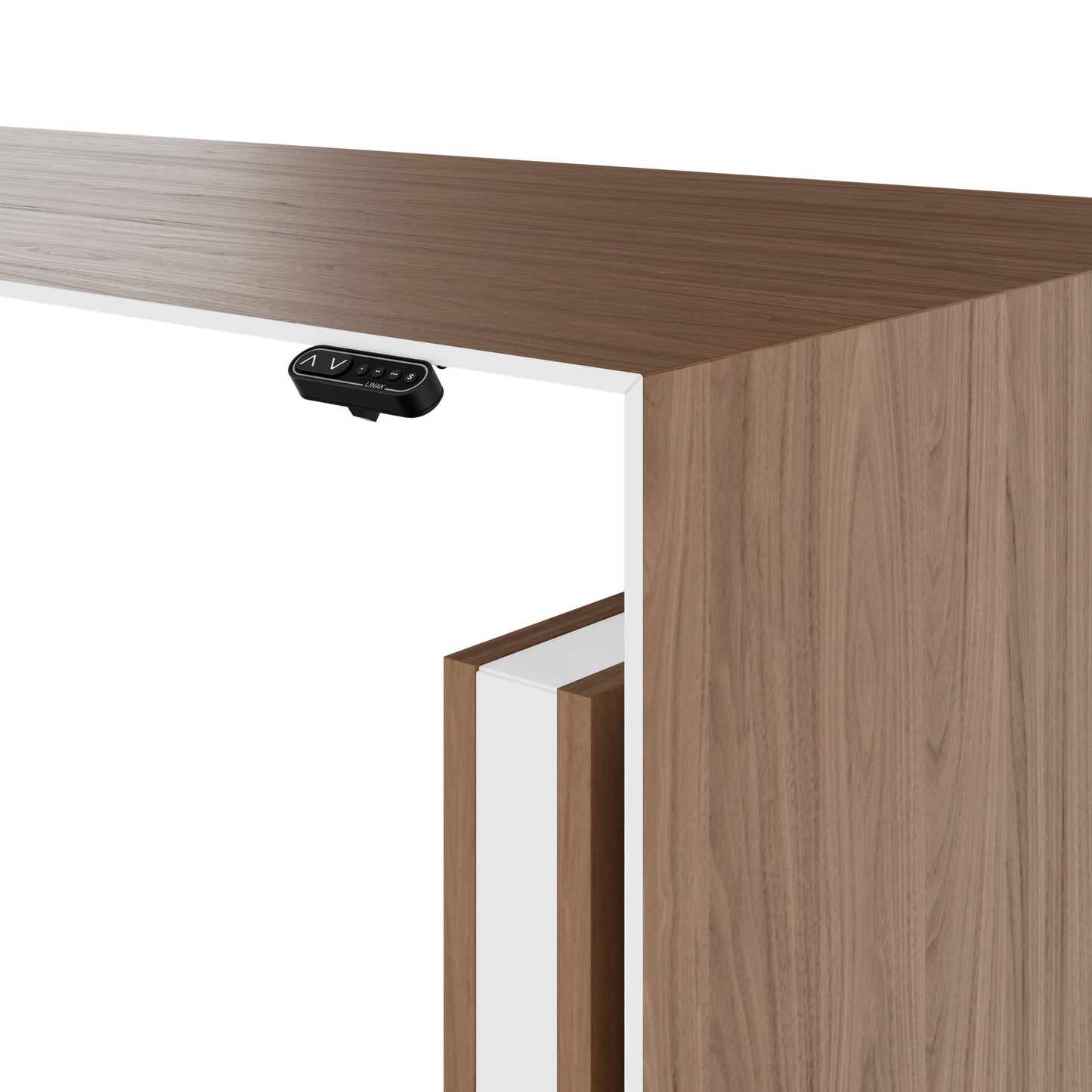 MOTION 2-Motoren-Schreibtisch mit Sideboard | Elektrisch höhenverstellbar, 2000 x 1800 mm, Nussbaum Furnier