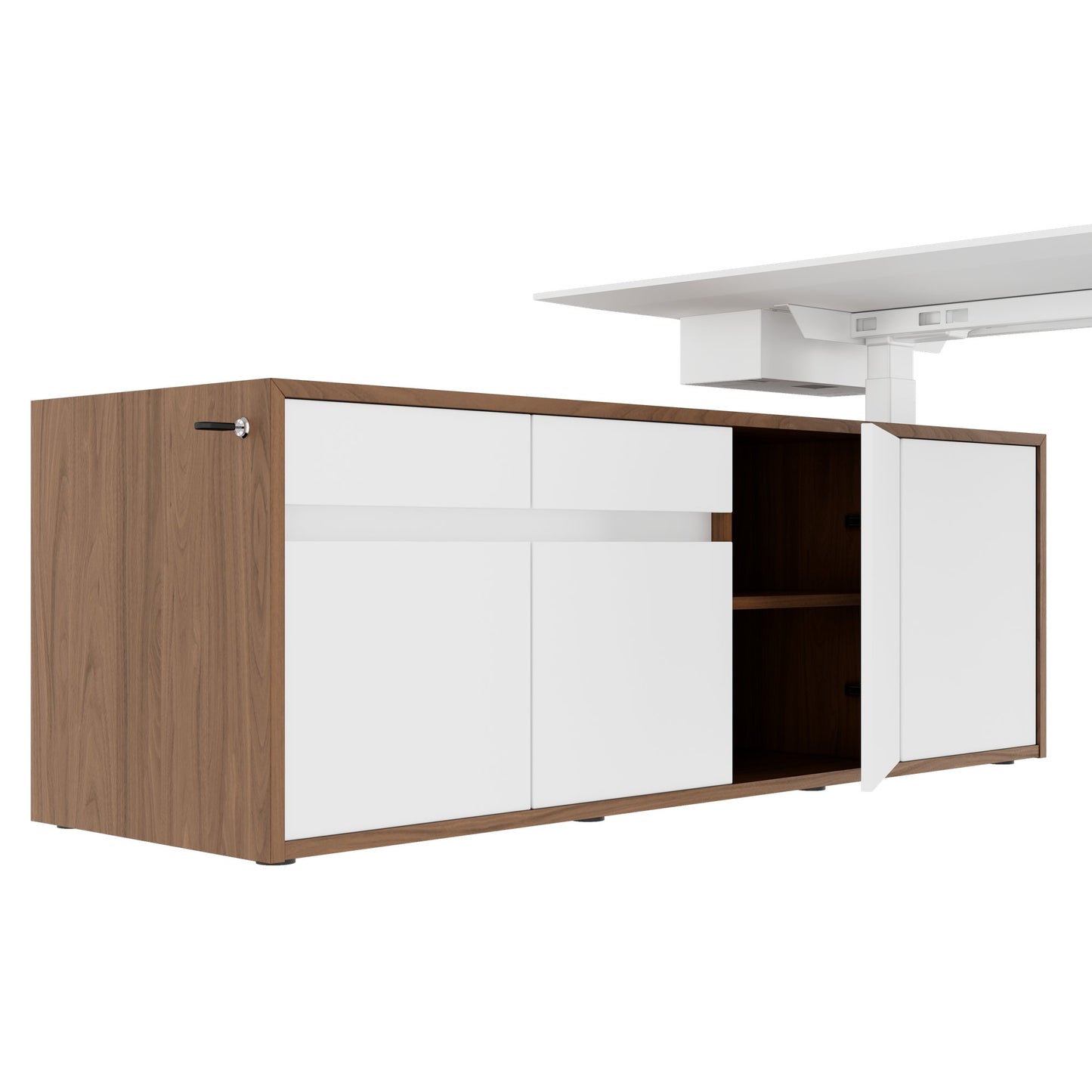 MOTION 2-Motoren-Schreibtisch mit Sideboard | Elektrisch höhenverstellbar, 2000 x 1800 mm, Nussbaum Furnier