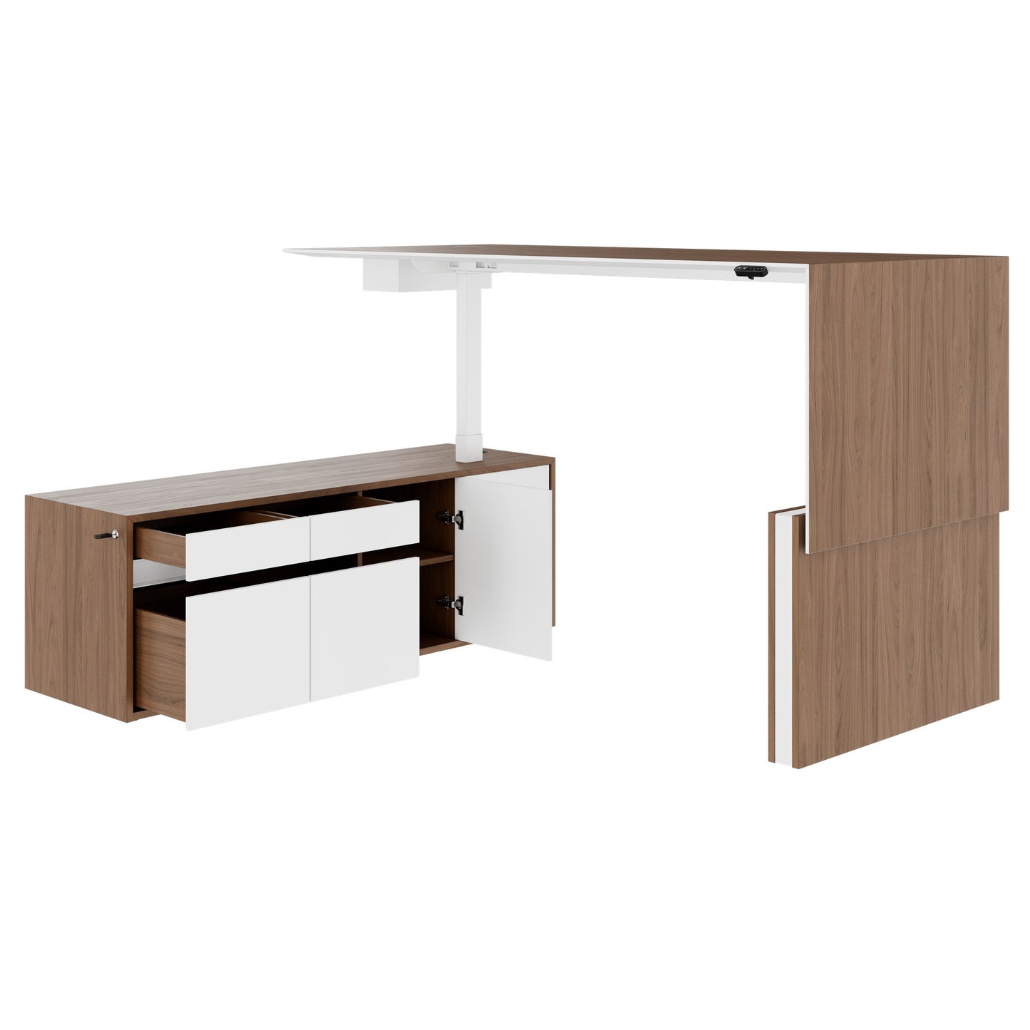 MOTION 2-Motoren-Schreibtisch mit Sideboard | Elektrisch höhenverstellbar, 2000 x 1800 mm, Nussbaum Furnier
