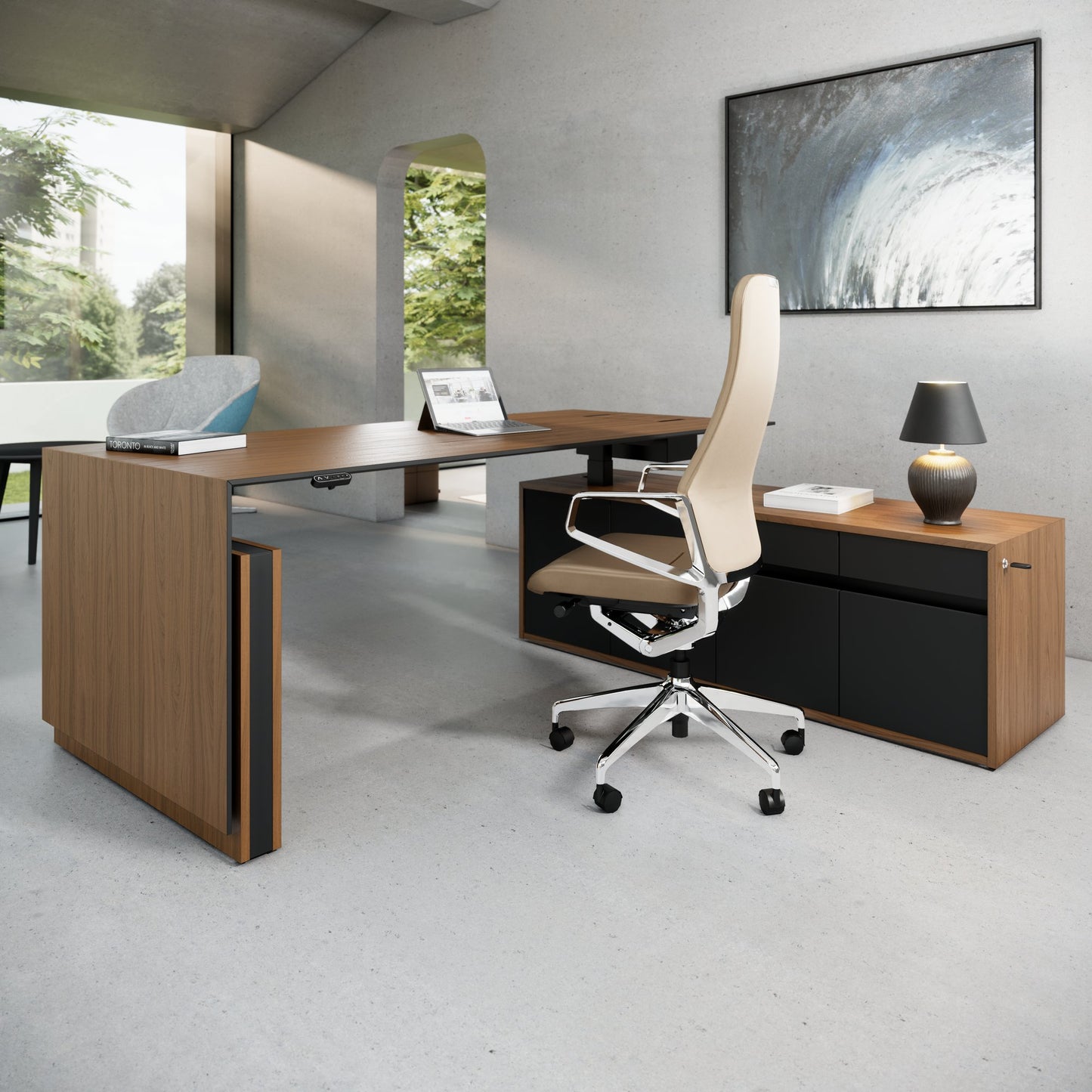 MOTION Bureau à 2 moteurs avec buffet | Réglable à hauteur électrique, 2000 x 1800 mm, placage de noix