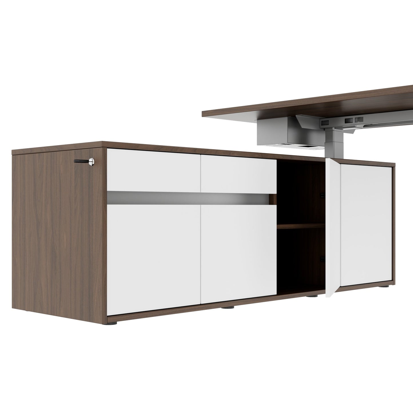 MOTION Bureau à 2 moteurs avec buffet | Réglable à hauteur électrique, 2000 x 1800 mm, noix