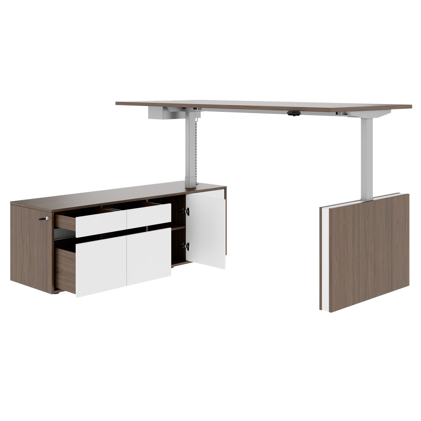 MOTION Bureau à 2 moteurs avec buffet | Réglable à hauteur électrique, 2000 x 1800 mm, noix
