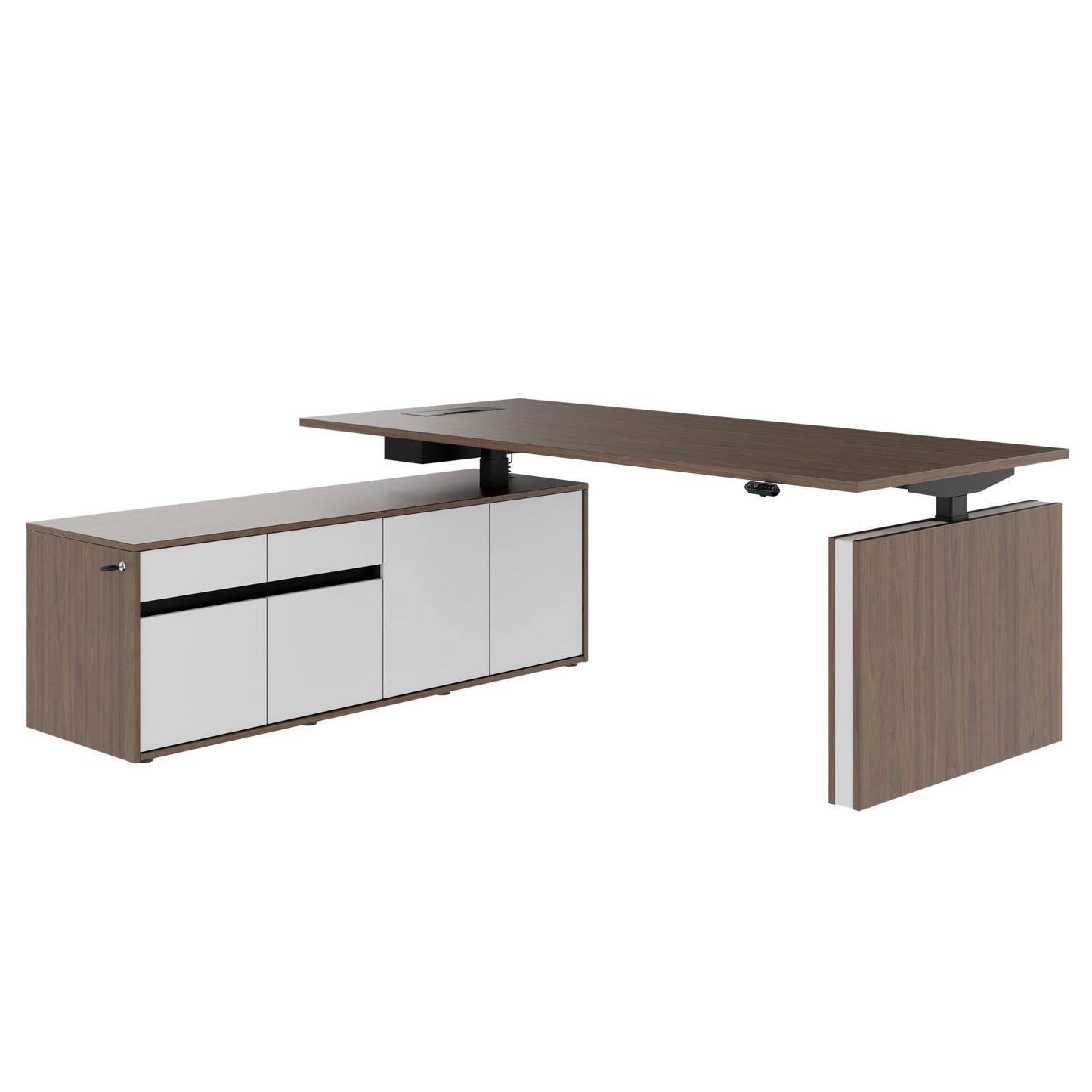 MOTION Bureau à 2 moteurs avec buffet | Réglable à hauteur électrique, 2000 x 1800 mm, noix