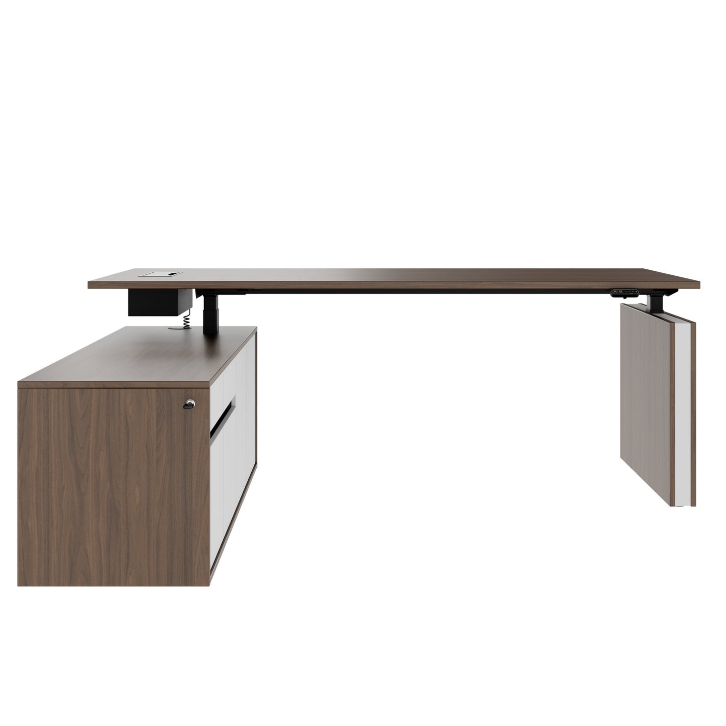MOTION Bureau à 2 moteurs avec buffet | Réglable à hauteur électrique, 2000 x 1800 mm, noix