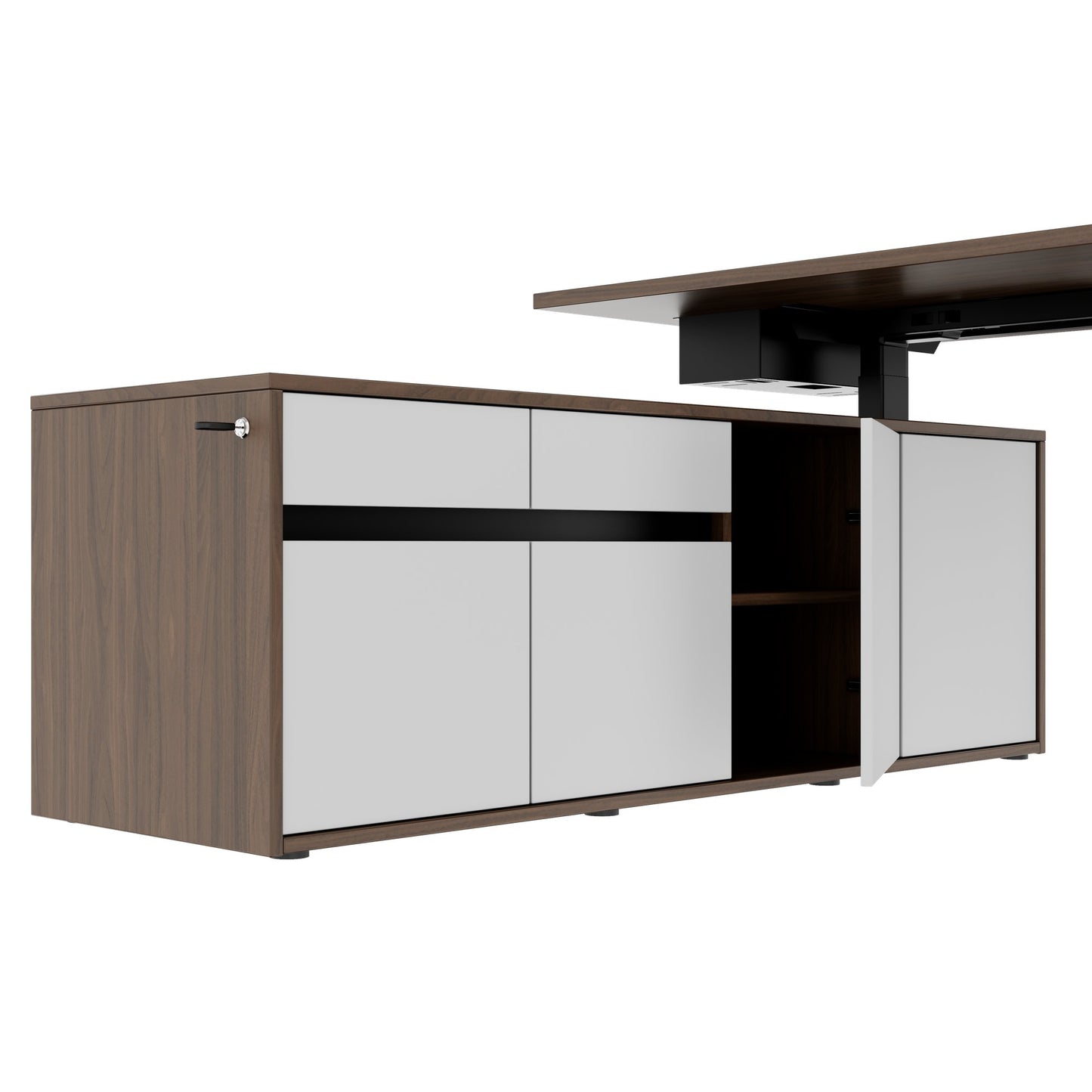 MOTION Bureau à 2 moteurs avec buffet | Réglable à hauteur électrique, 2000 x 1800 mm, noix
