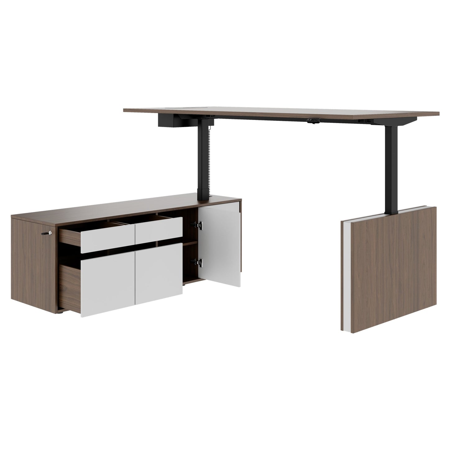 MOTION Bureau à 2 moteurs avec buffet | Réglable à hauteur électrique, 2000 x 1800 mm, noix