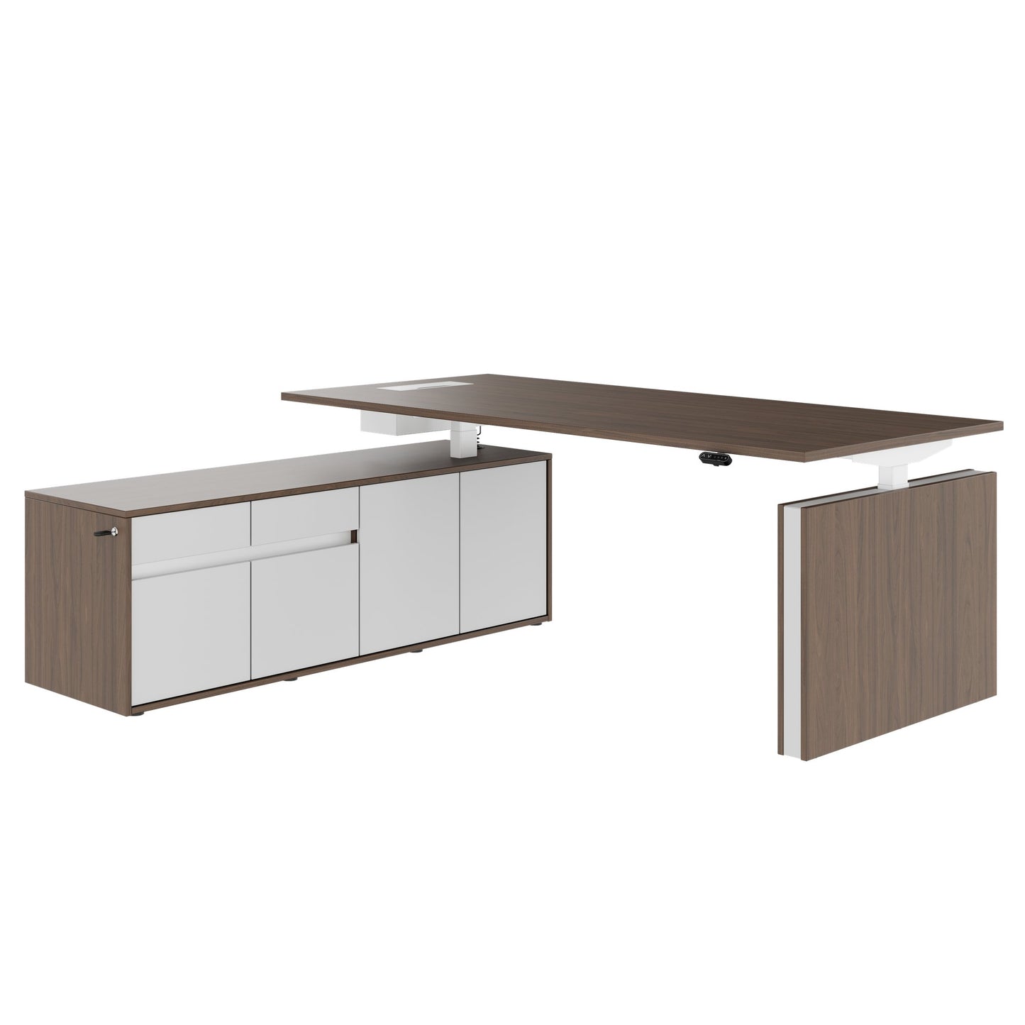 MOTION 2-Motoren-Schreibtisch mit Sideboard | Elektrisch höhenverstellbar, 2000 x 1800 mm, Nussbaum