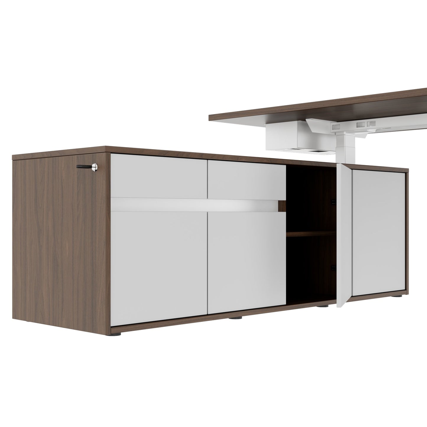 MOTION 2-Motoren-Schreibtisch mit Sideboard | Elektrisch höhenverstellbar, 2000 x 1800 mm, Nussbaum