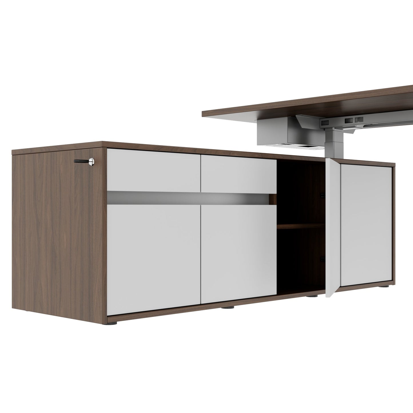 MOTION 2-Motoren-Schreibtisch mit Sideboard | Elektrisch höhenverstellbar, 2000 x 1800 mm, Nussbaum