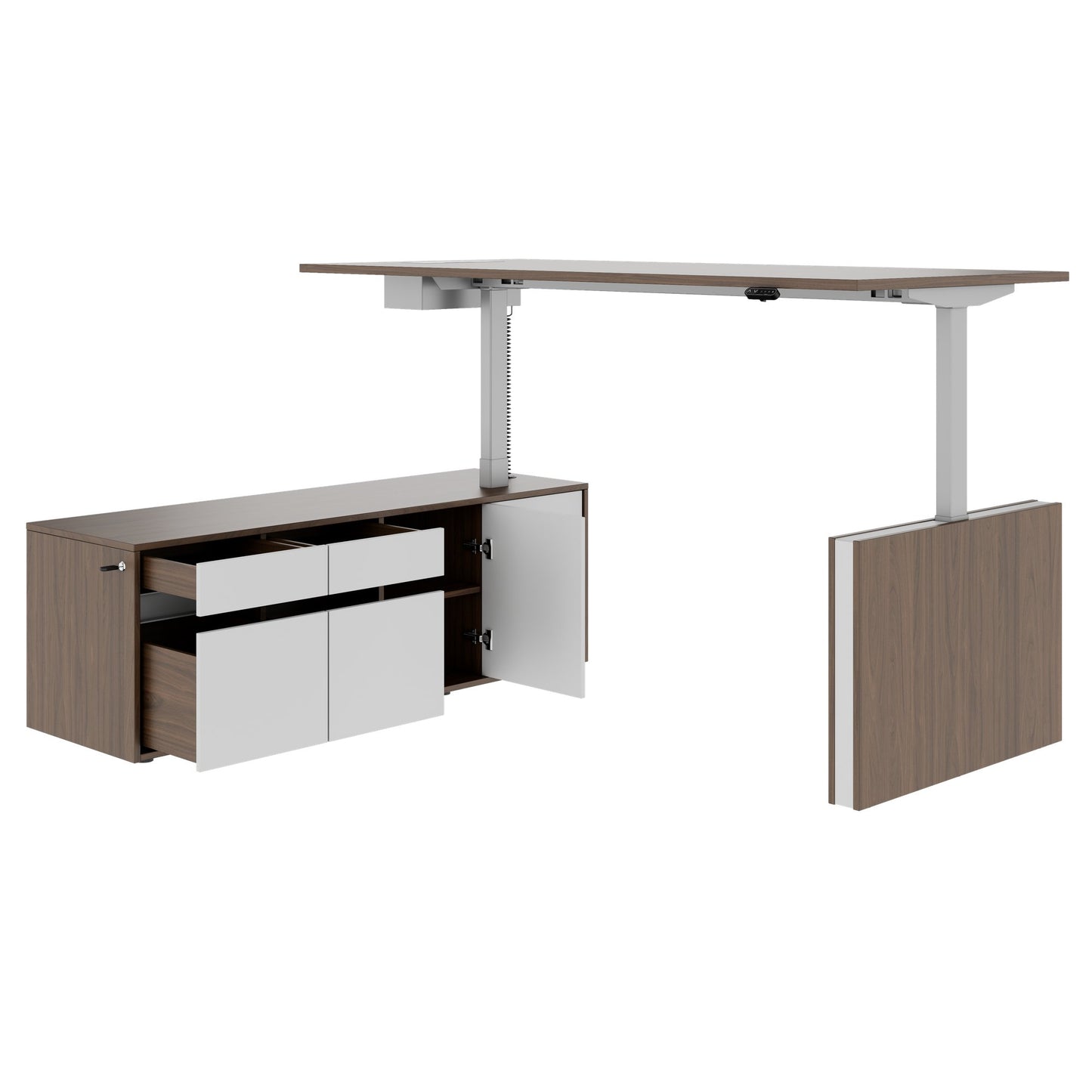 MOTION 2-Motoren-Schreibtisch mit Sideboard | Elektrisch höhenverstellbar, 2000 x 1800 mm, Nussbaum