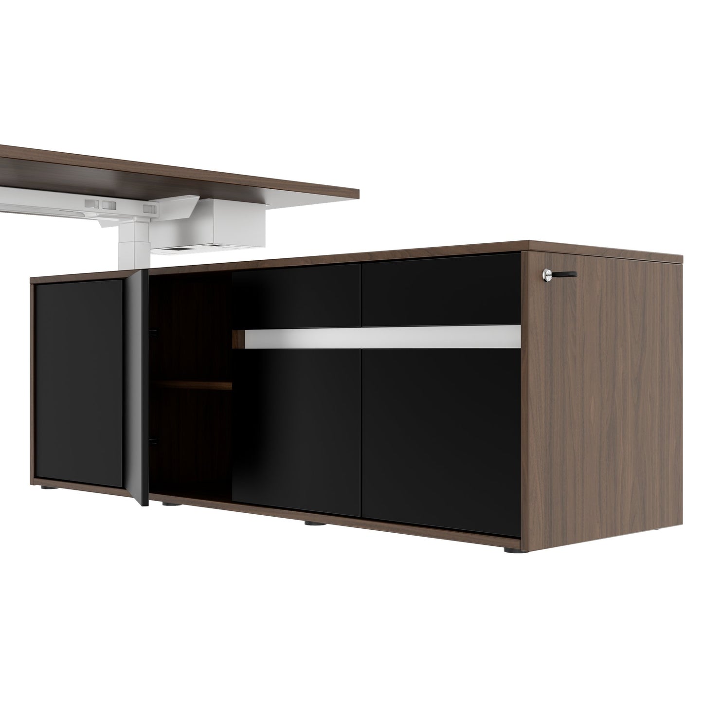 MOTION Bureau à 2 moteurs avec buffet | Réglable à hauteur électrique, 2000 x 1800 mm, noix