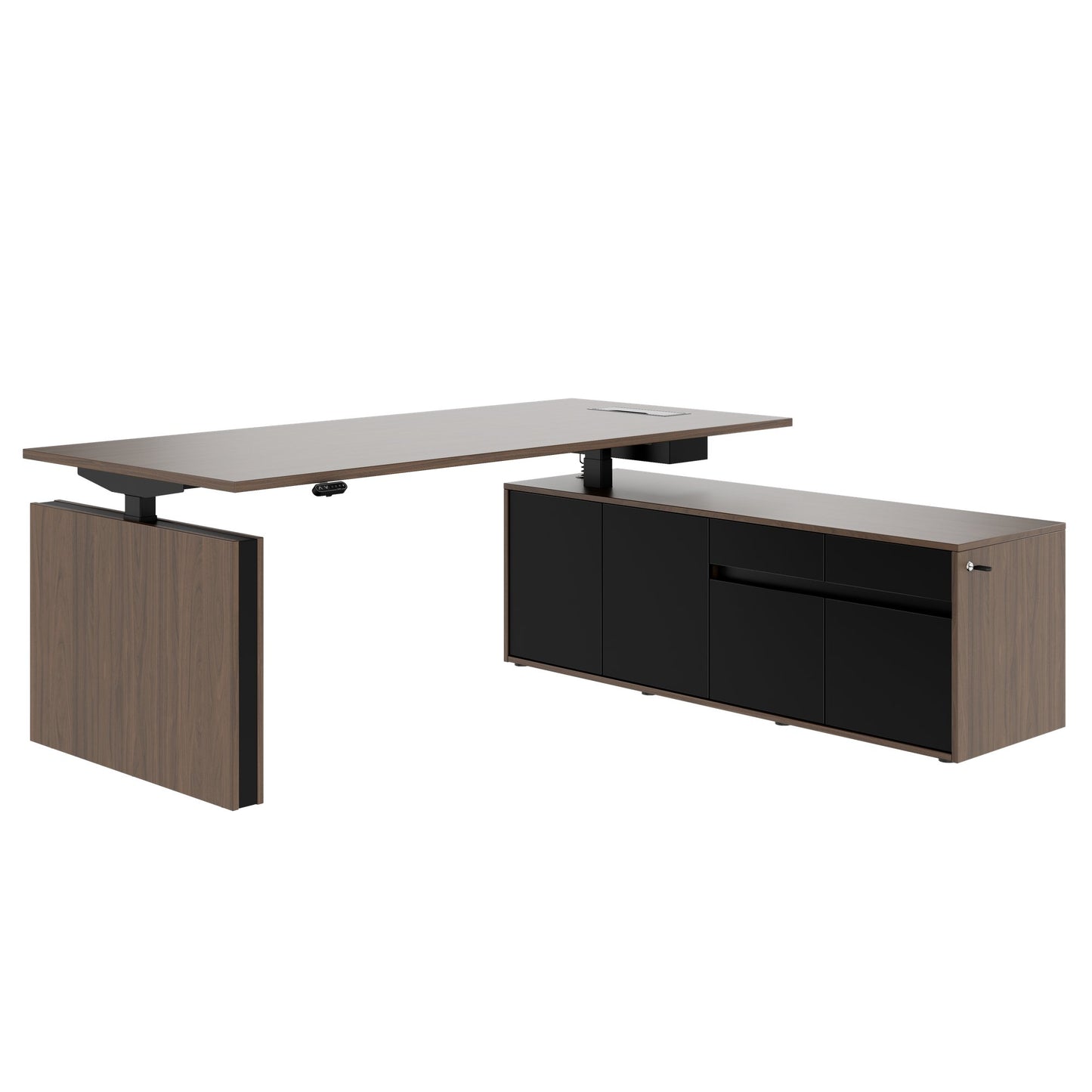 MOTION Bureau à 2 moteurs avec buffet | Réglable à hauteur électrique, 2000 x 1800 mm, noix