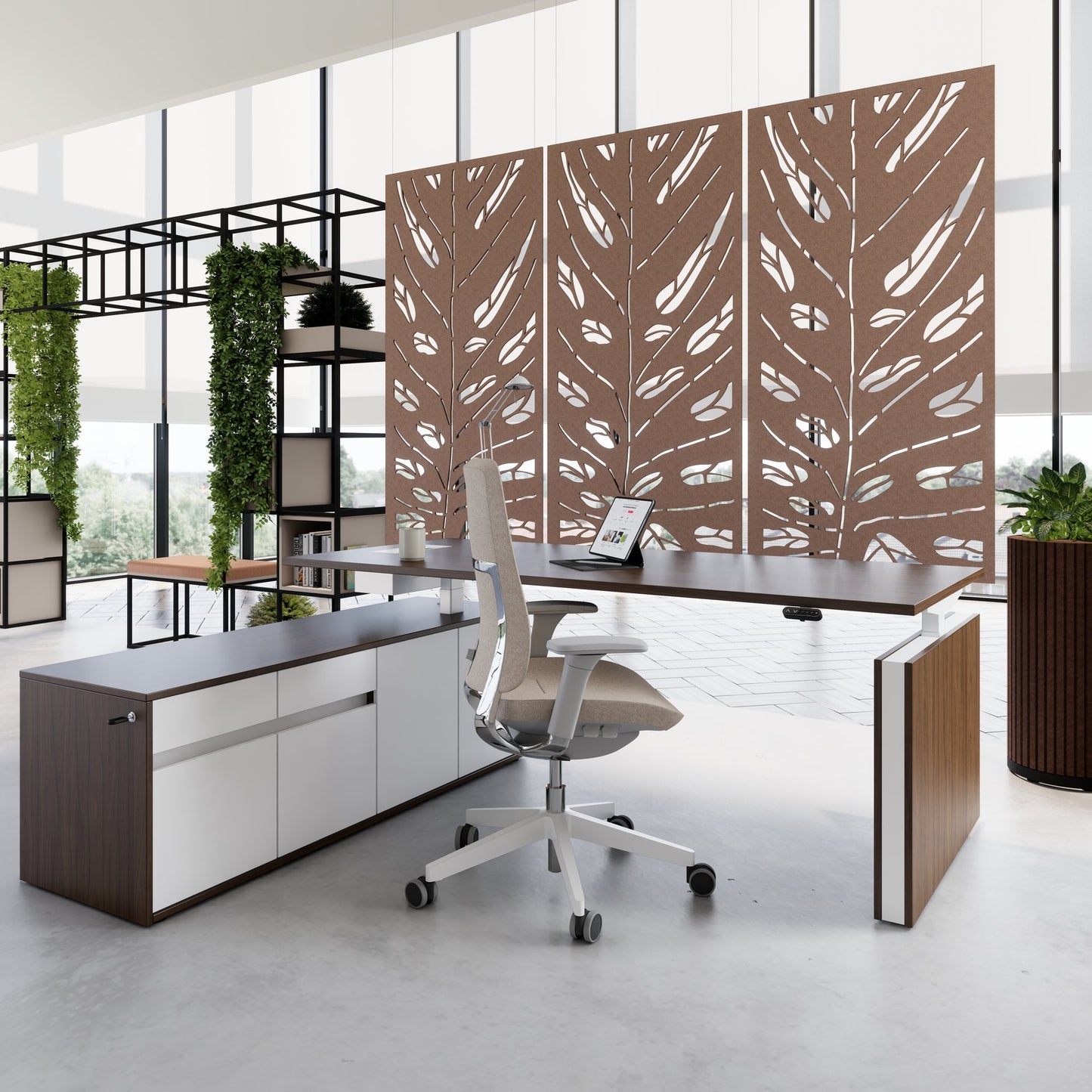 MOTION Bureau à 2 moteurs avec buffet | Réglable à hauteur électrique, 2000 x 1800 mm, noix