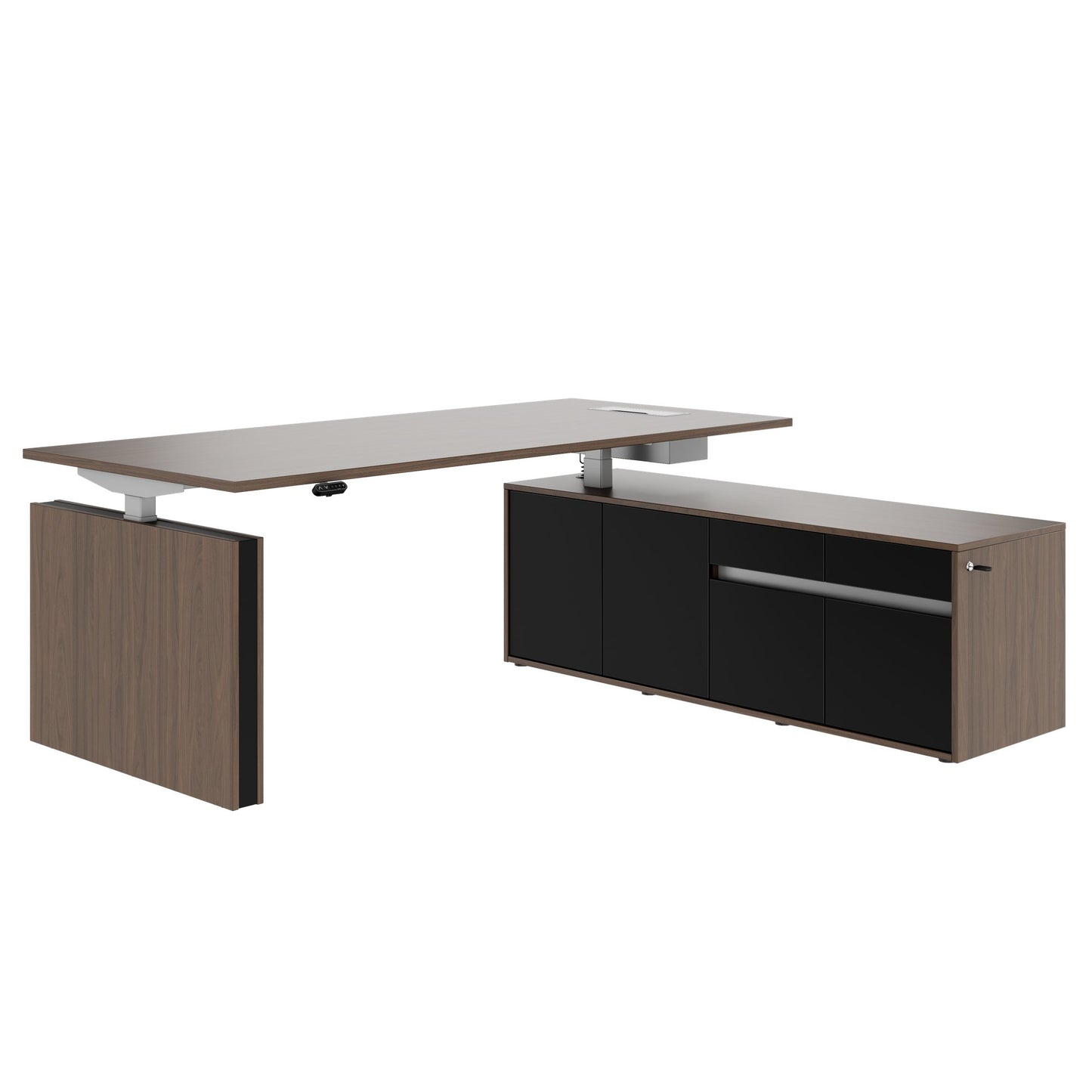 MOTION Desk a 2 motori con sideboard | Regolabile elettricamente in altezza, 2000 x 1800 mm, noce