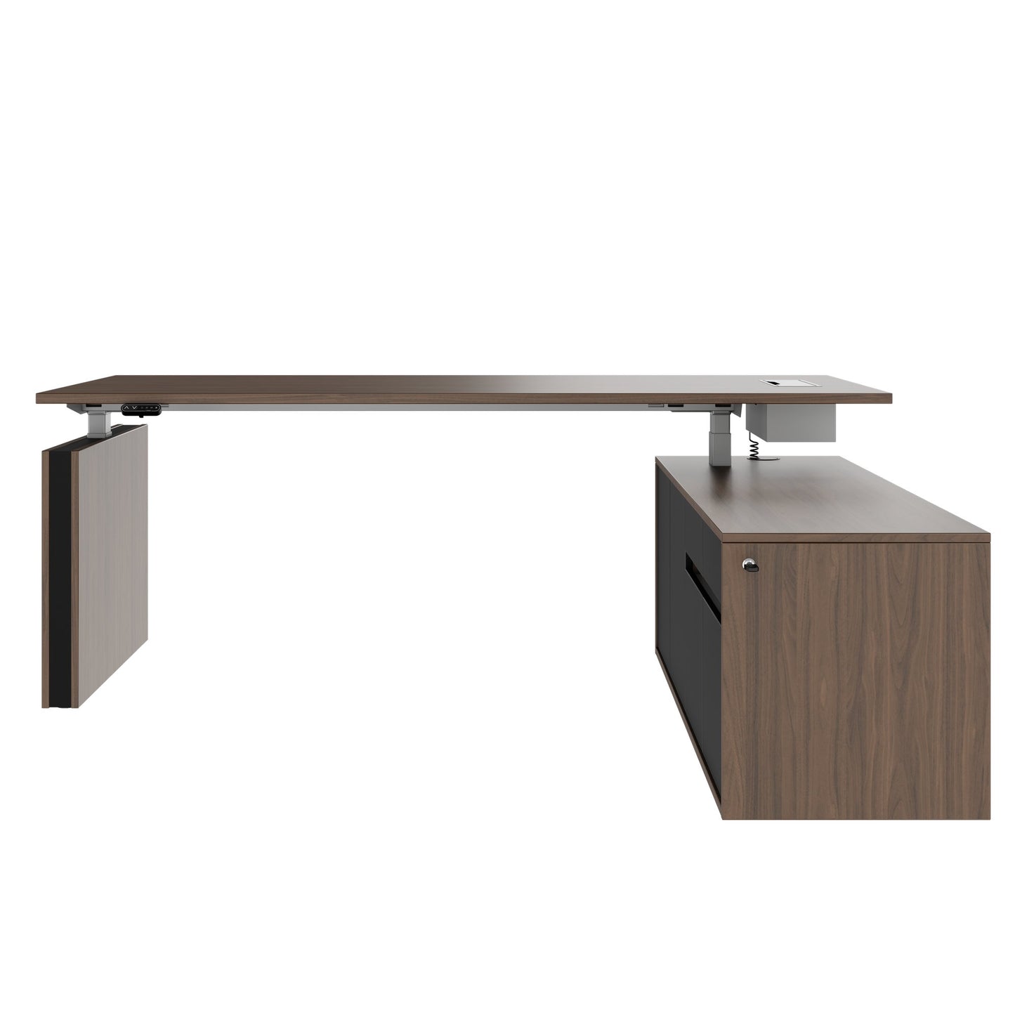 MOTION Bureau à 2 moteurs avec buffet | Réglable à hauteur électrique, 2000 x 1800 mm, noix