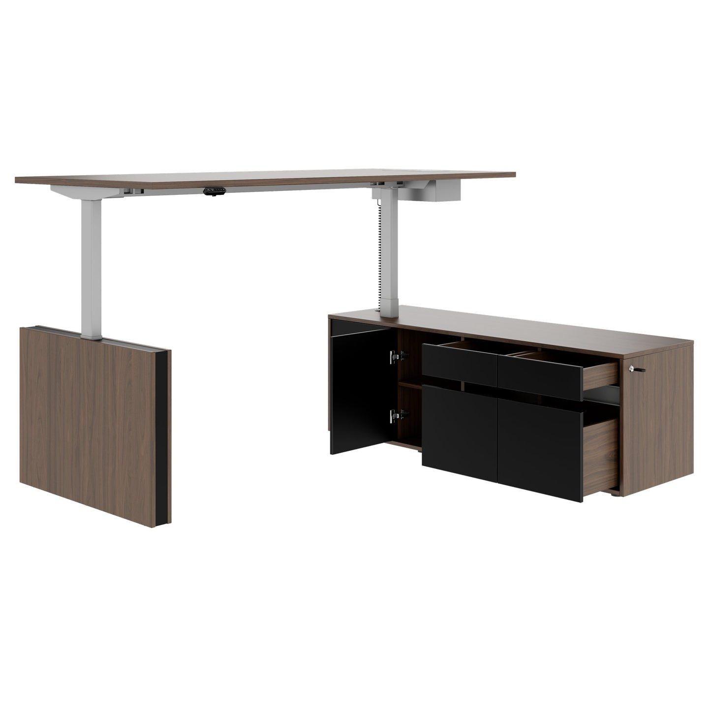 MOTION Bureau à 2 moteurs avec buffet | Réglable à hauteur électrique, 2000 x 1800 mm, noix