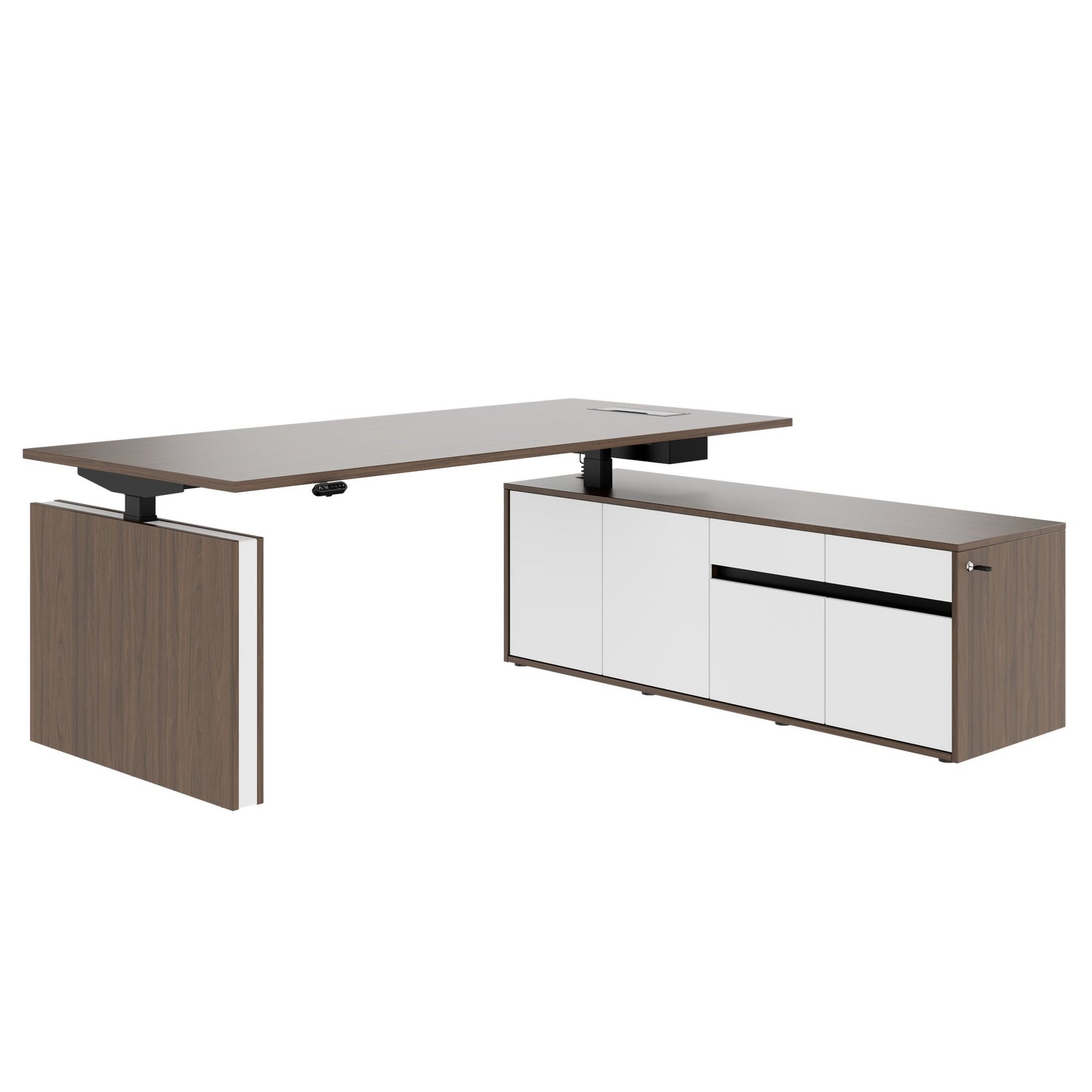 MOTION Bureau à 2 moteurs avec buffet | Réglable à hauteur électrique, 2000 x 1800 mm, noix