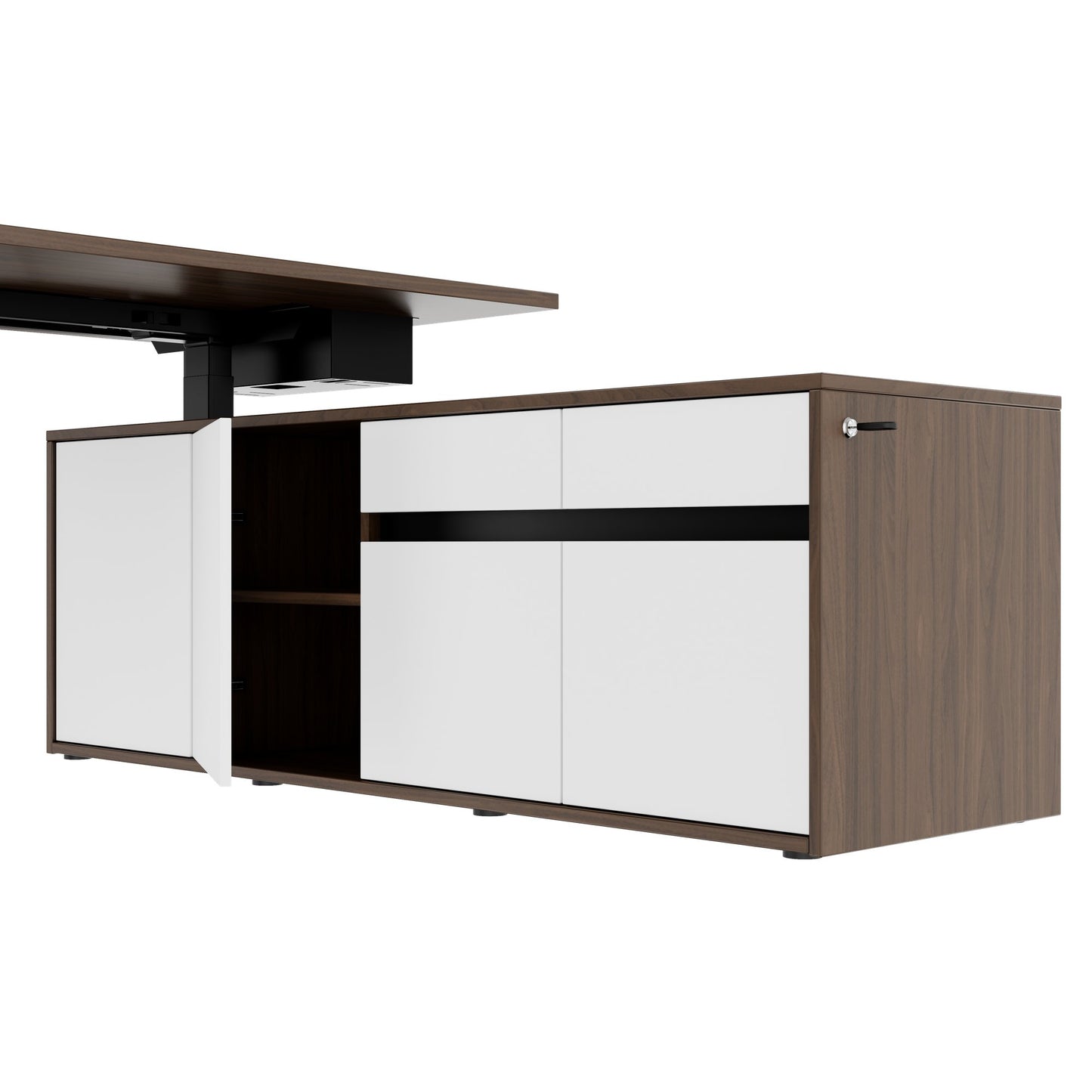 MOTION Bureau à 2 moteurs avec buffet | Réglable à hauteur électrique, 2000 x 1800 mm, noix
