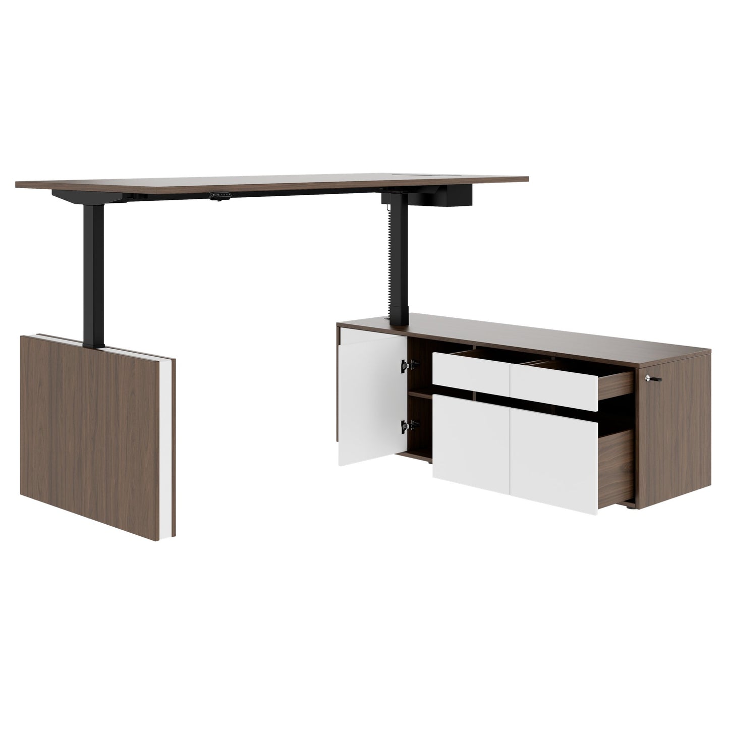 MOTION Bureau à 2 moteurs avec buffet | Réglable à hauteur électrique, 2000 x 1800 mm, noix