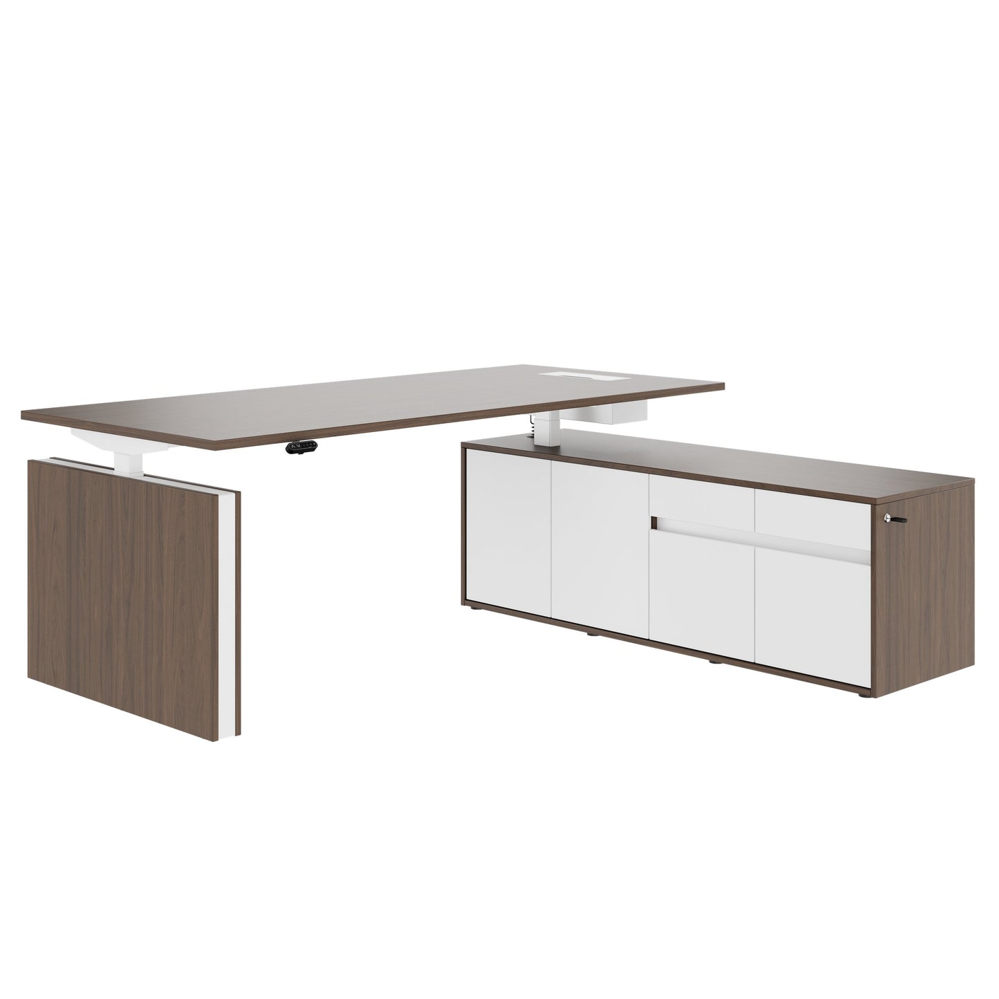 MOTION Bureau à 2 moteurs avec buffet | Réglable à hauteur électrique, 2000 x 1800 mm, noix