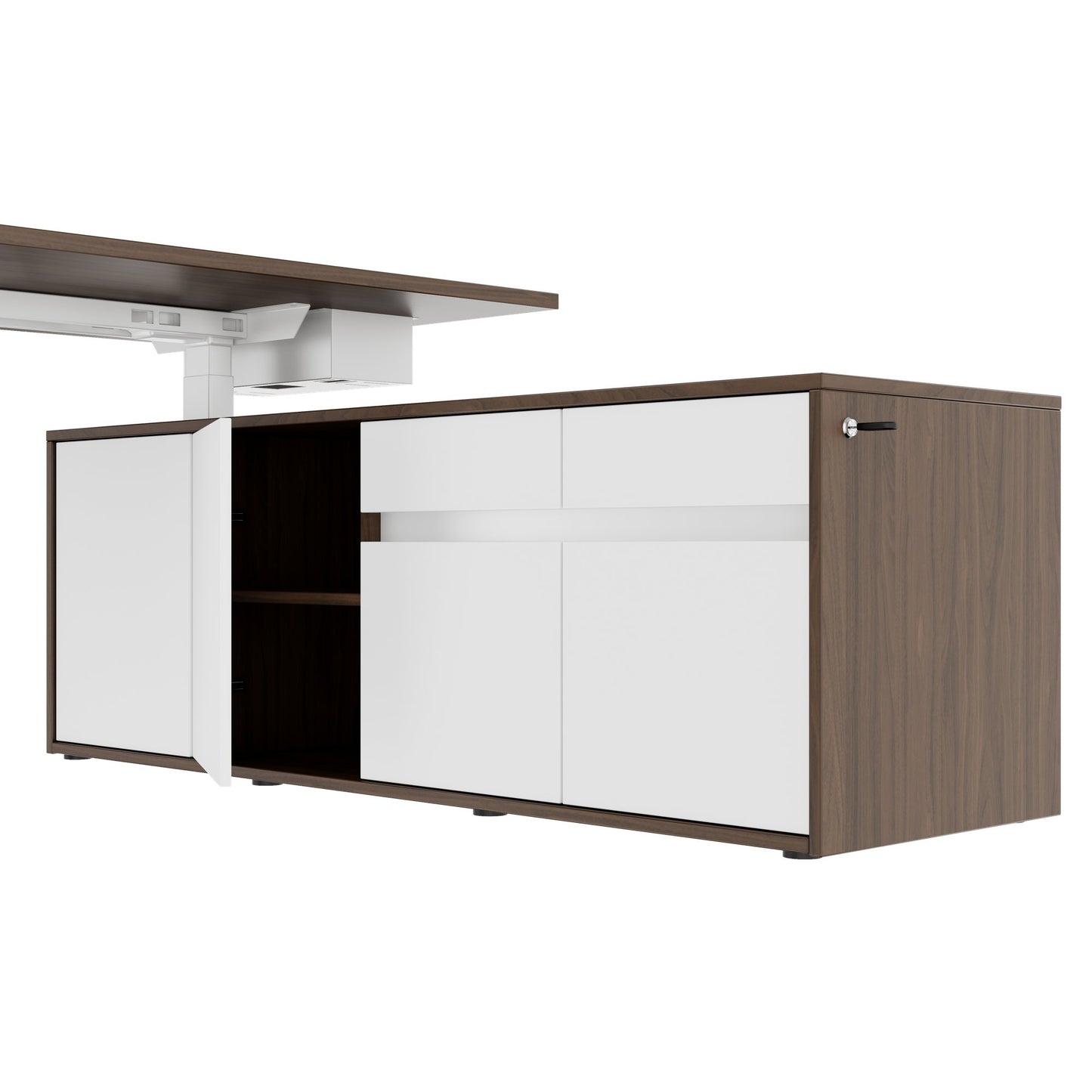 MOTION Bureau à 2 moteurs avec buffet | Réglable à hauteur électrique, 2000 x 1800 mm, noix