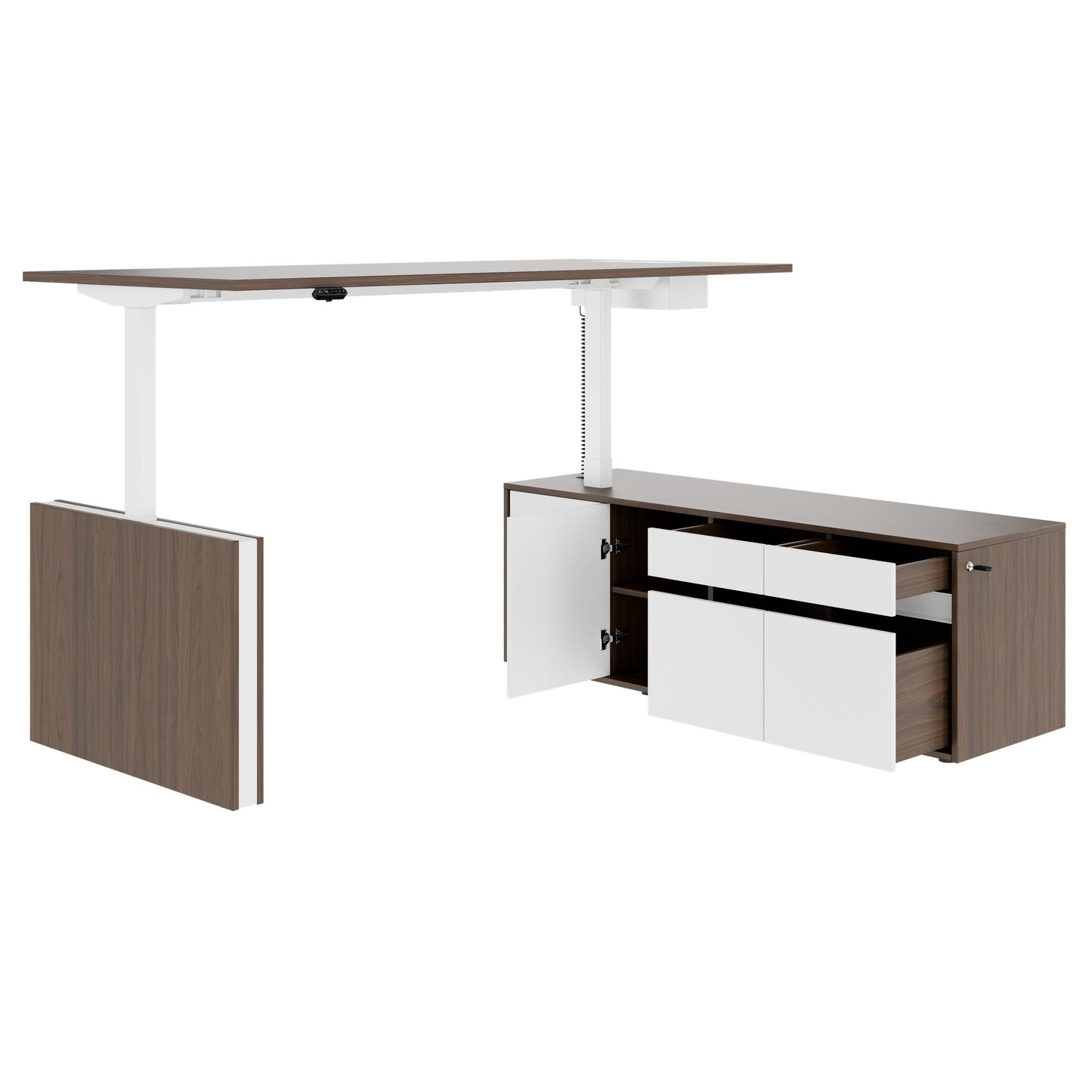 MOTION Bureau à 2 moteurs avec buffet | Réglable à hauteur électrique, 2000 x 1800 mm, noix