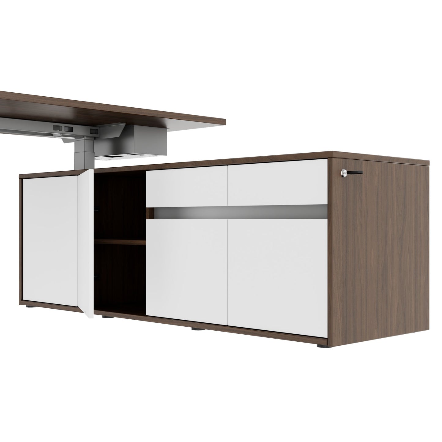 MOTION Bureau à 2 moteurs avec buffet | Réglable à hauteur électrique, 2000 x 1800 mm, noix
