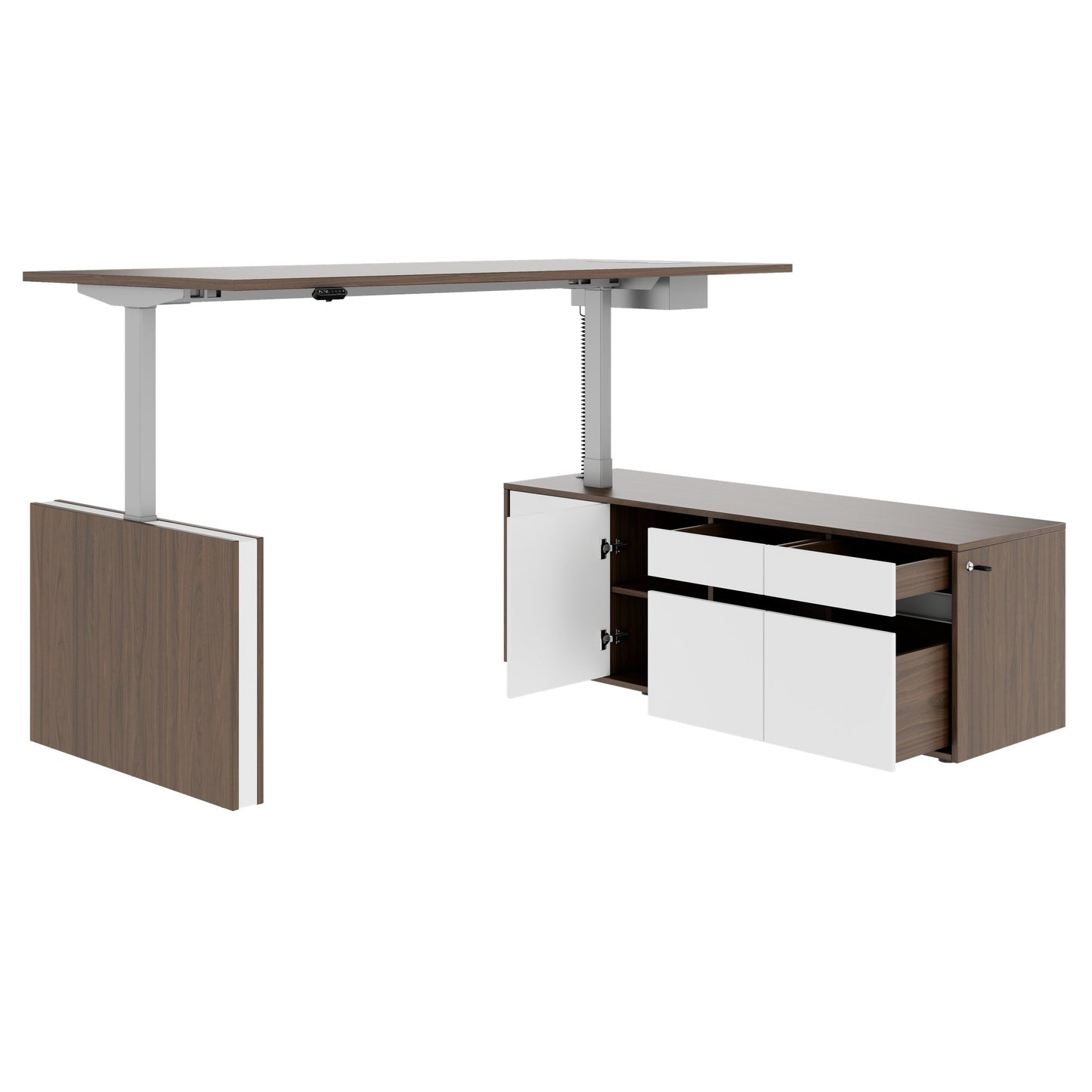 MOTION Bureau à 2 moteurs avec buffet | Réglable à hauteur électrique, 2000 x 1800 mm, noix