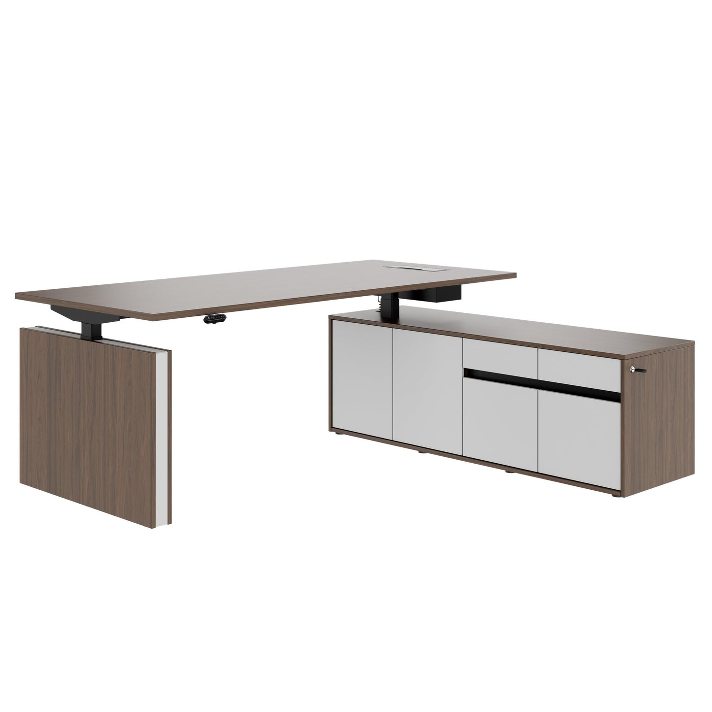 MOTION Bureau à 2 moteurs avec buffet | Réglable à hauteur électrique, 2000 x 1800 mm, noix