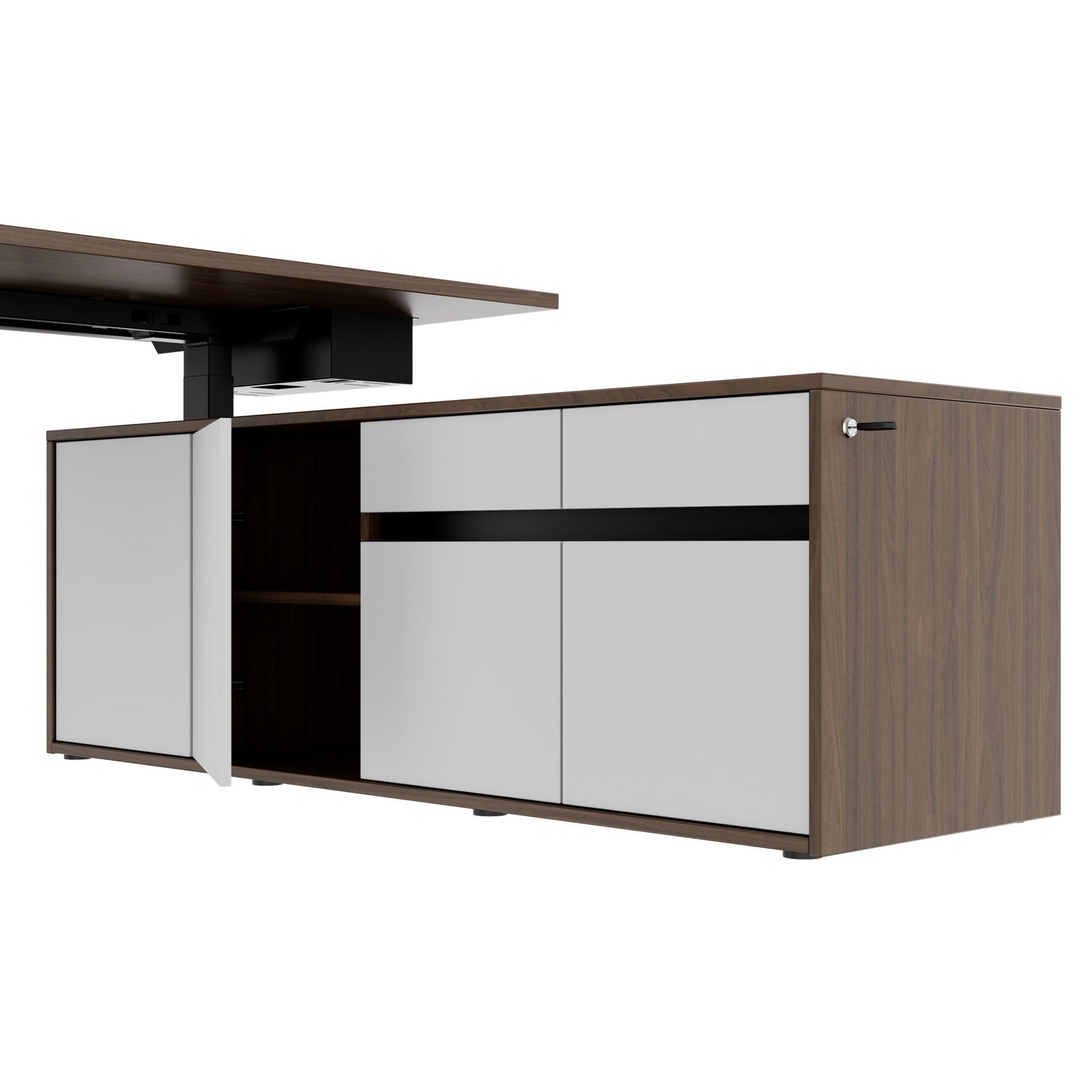 MOTION Desk a 2 motori con sideboard | Regolabile elettricamente in altezza, 2000 x 1800 mm, noce