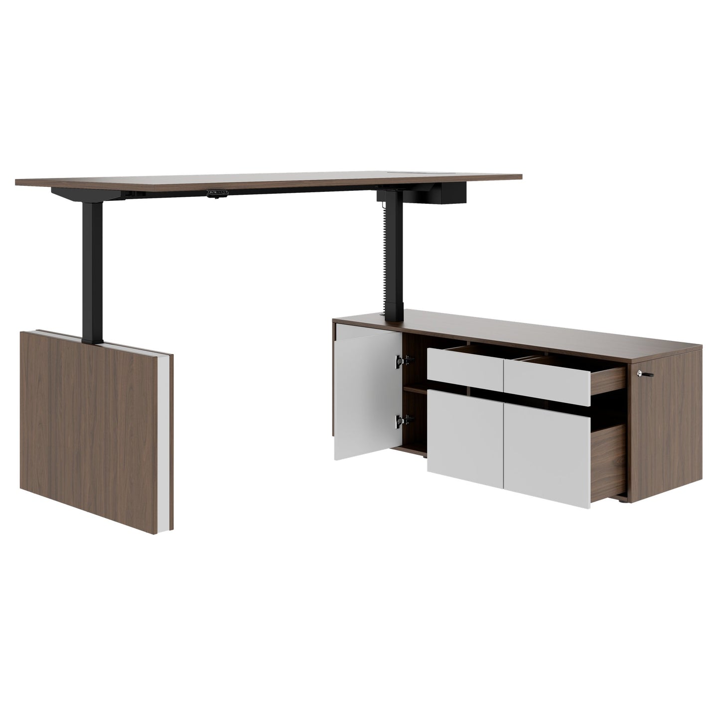 MOTION Bureau à 2 moteurs avec buffet | Réglable à hauteur électrique, 2000 x 1800 mm, noix