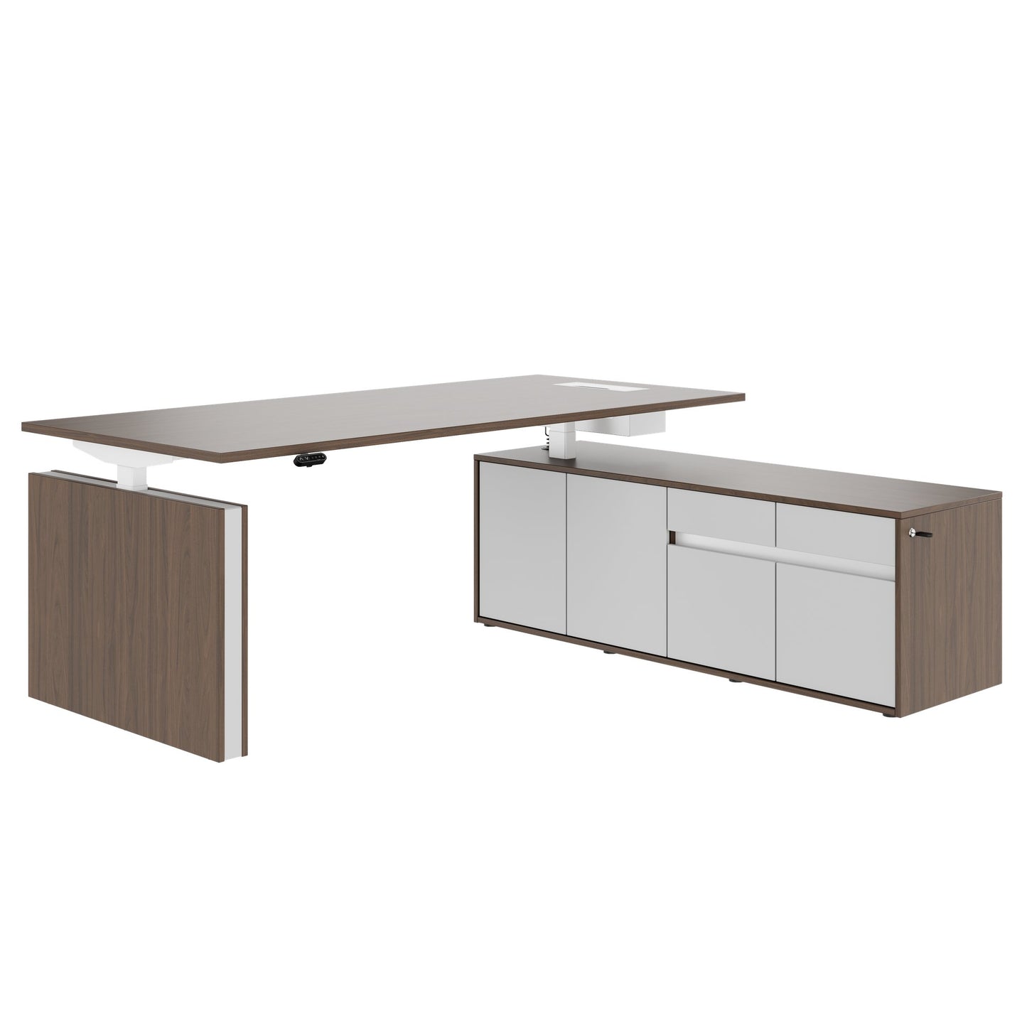 MOTION Bureau à 2 moteurs avec buffet | Réglable à hauteur électrique, 2000 x 1800 mm, noix