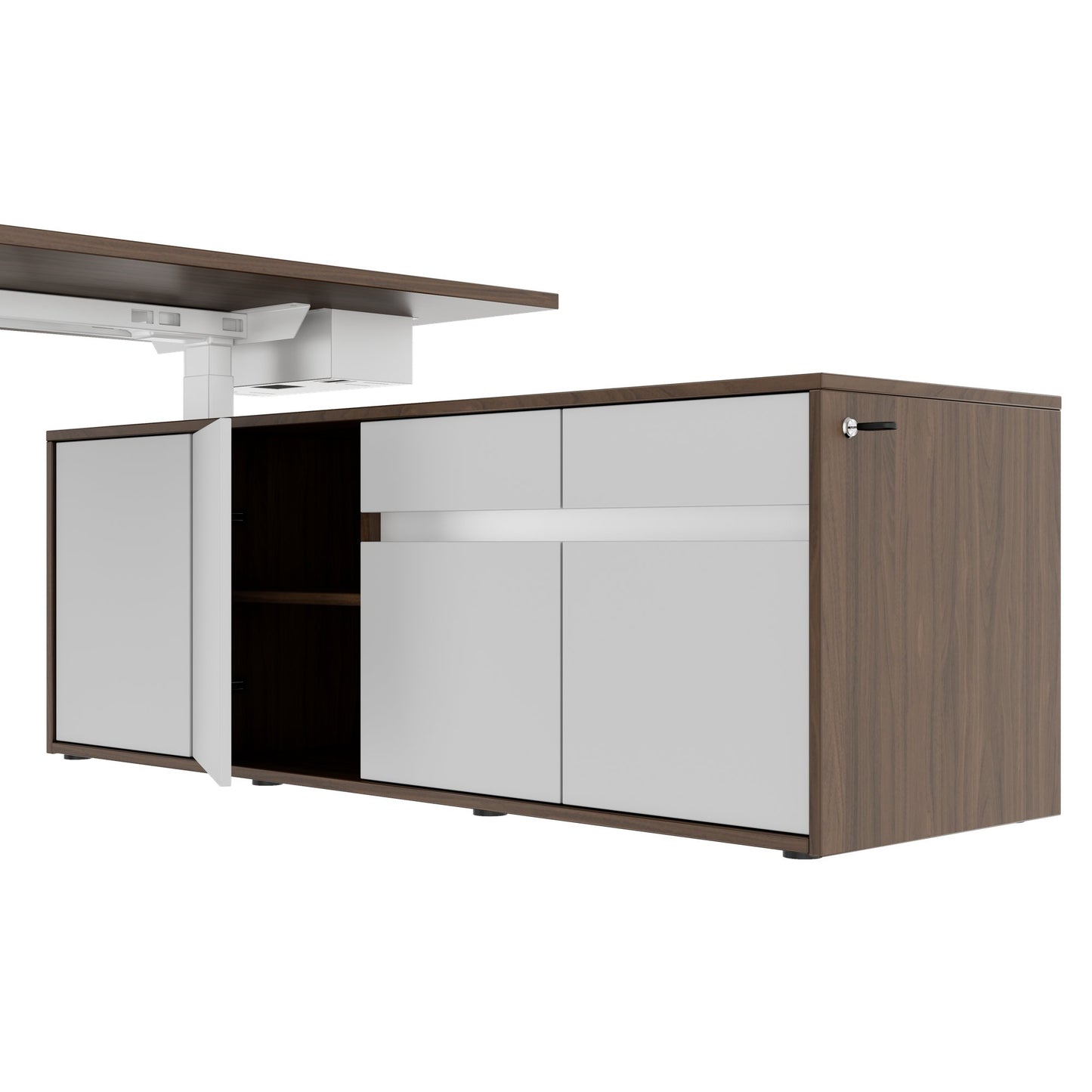 MOTION Bureau à 2 moteurs avec buffet | Réglable à hauteur électrique, 2000 x 1800 mm, noix