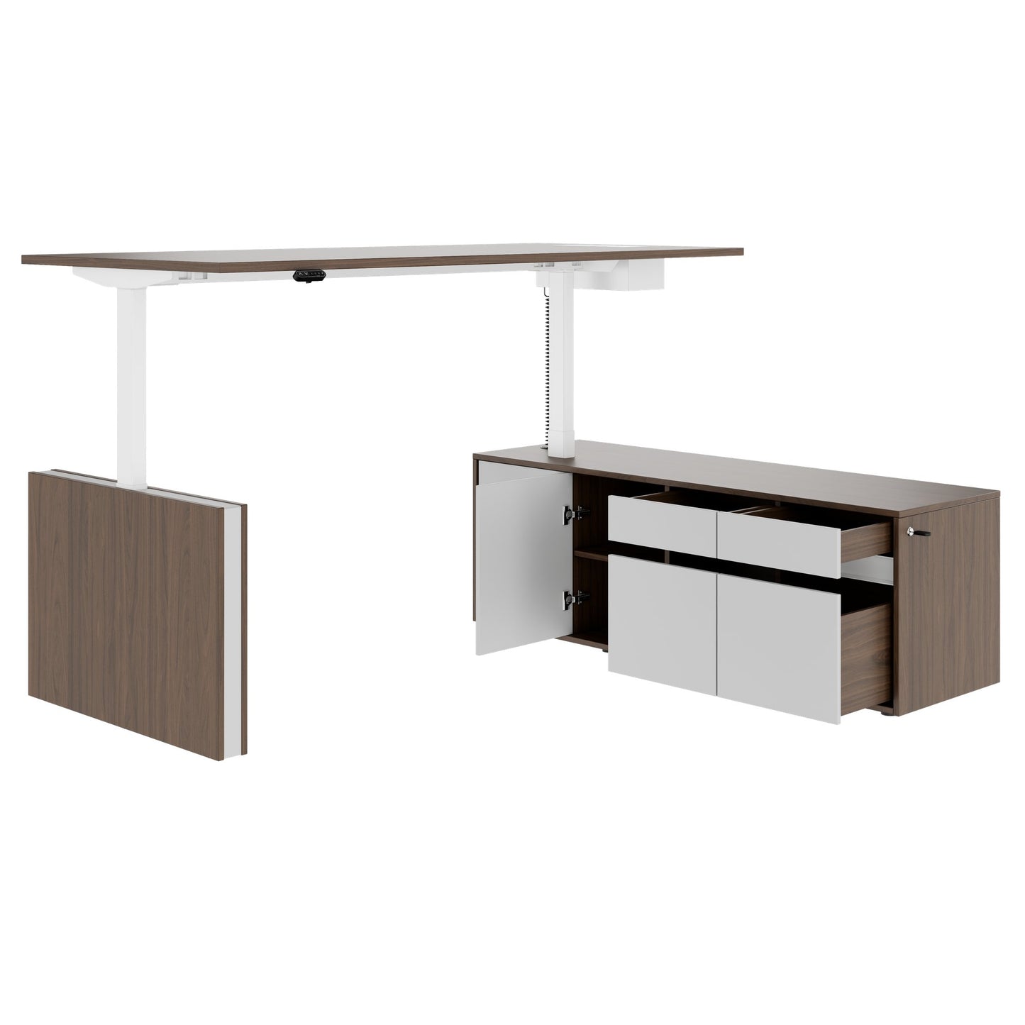 MOTION Bureau à 2 moteurs avec buffet | Réglable à hauteur électrique, 2000 x 1800 mm, noix