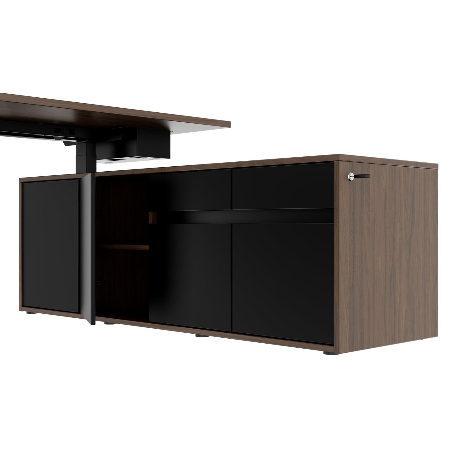 MOTION Bureau à 2 moteurs avec buffet | Réglable à hauteur électrique, 2000 x 1800 mm, noix
