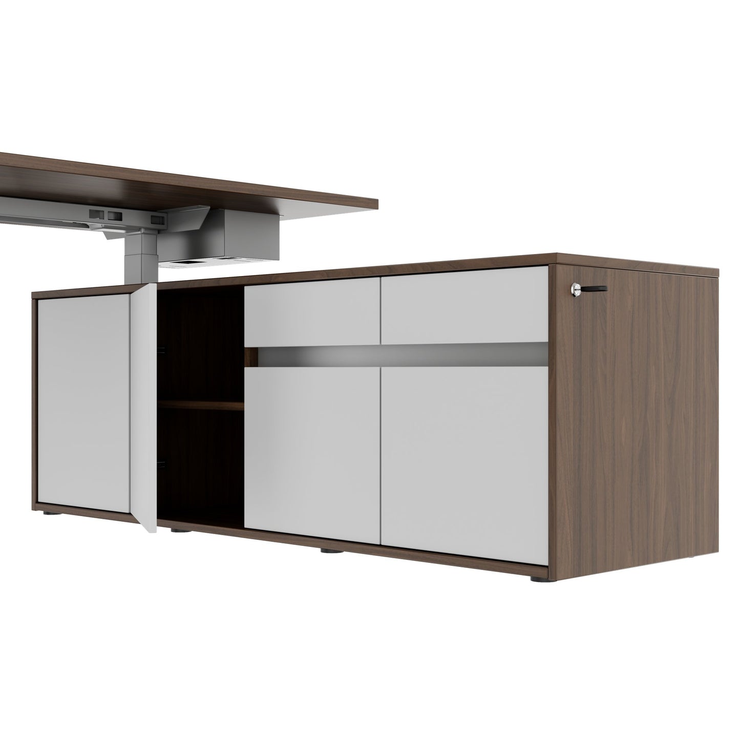 MOTION Bureau à 2 moteurs avec buffet | Réglable à hauteur électrique, 2000 x 1800 mm, noix