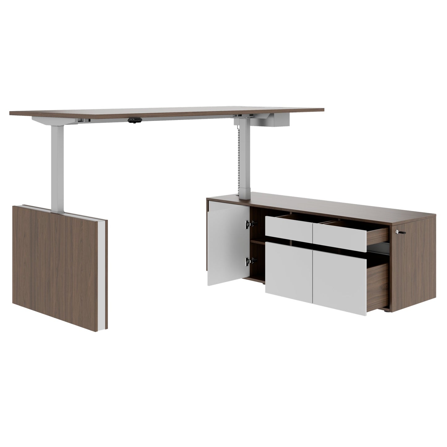MOTION Bureau à 2 moteurs avec buffet | Réglable à hauteur électrique, 2000 x 1800 mm, noix