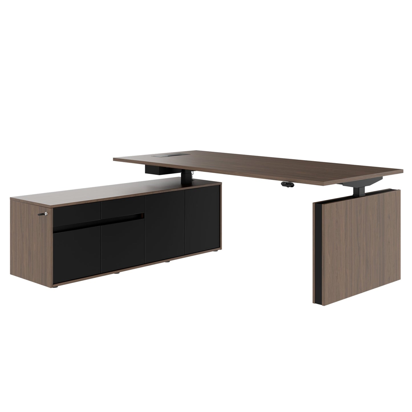 MOTION Bureau à 2 moteurs avec buffet | Réglable à hauteur électrique, 2000 x 1800 mm, noix