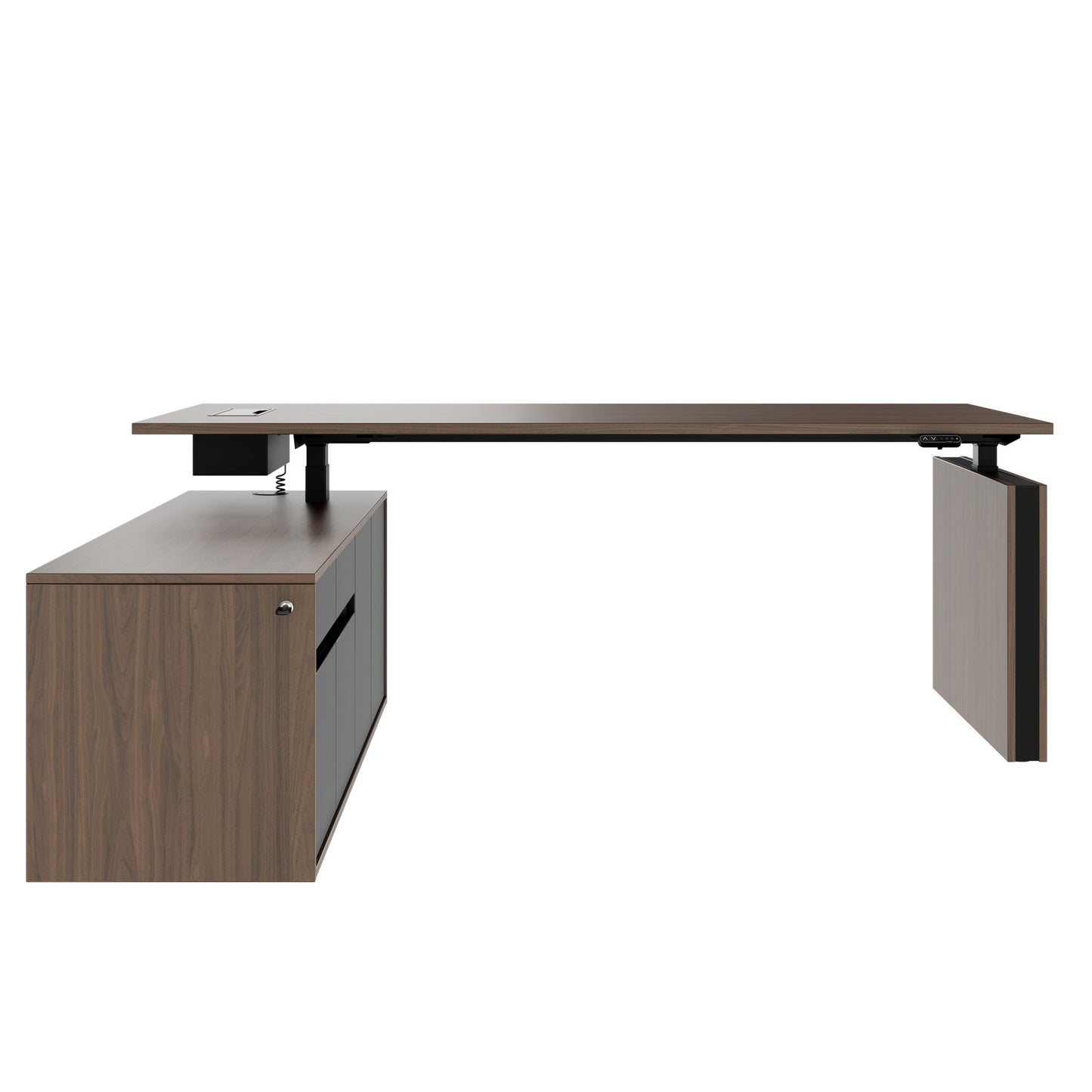 MOTION Bureau à 2 moteurs avec buffet | Réglable à hauteur électrique, 2000 x 1800 mm, noix